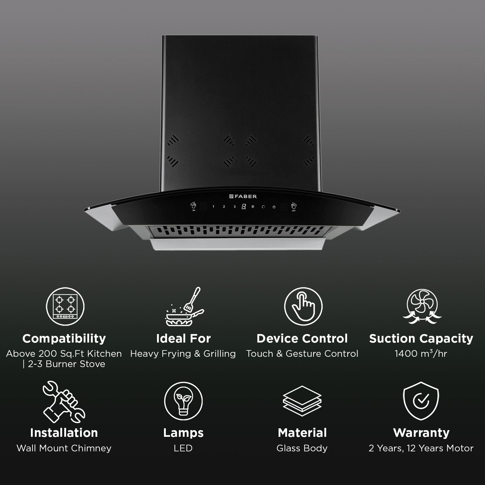 Faber HOOD STELLA 3D IN HC SC FL BK 60 60cm 1400m3/hr Ductless Heat Auto Clean Wall Mounted Chimney with Odour Sensor (Black) Faber HOOD STELLA 3D IN HC SC FL BK 60 60cm 1400m3/hr Ductless Heat Auto Clean Wall Mounted Chimney with Odour Sensor (Black)_3