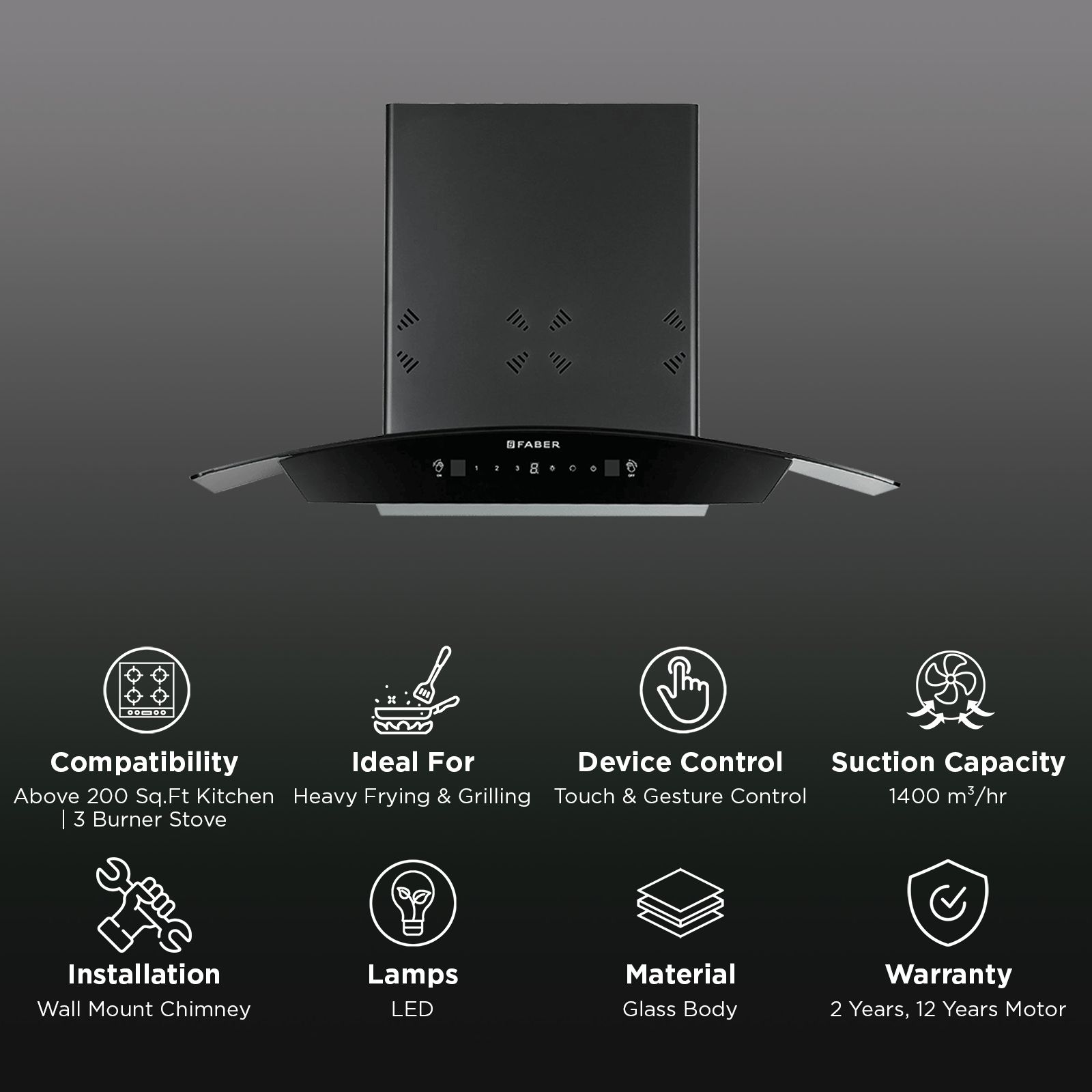 Faber HOOD STELLA 3D IN HC SC FL BK 75 75cm 1400m3/hr Ductless Heat Auto Clean Wall Mounted Chimney with Odour Sensor (Black) Faber HOOD STELLA 3D IN HC SC FL BK 75 75cm 1400m3/hr Ductless Heat Auto Clean Wall Mounted Chimney with Odour Sensor (Black)_3