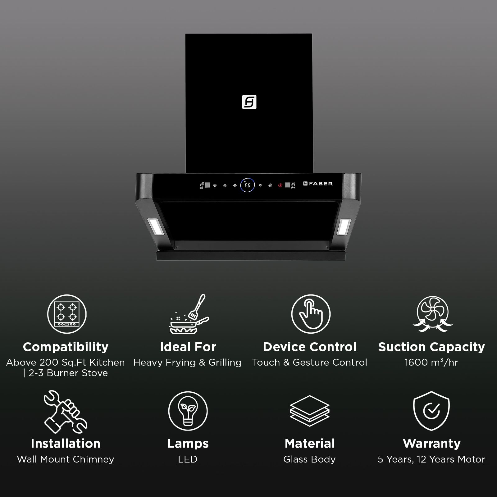 Faber HOOD APOLLO FL HC BLDC BK IN 60cm 1600m3/hr Ductless Auto Clean Wall Mounted Chimney with Touch and Gesture Control (Black) Faber HOOD APOLLO FL HC BLDC BK IN 60cm 1600m3/hr Ductless Auto Clean Wall Mounted Chimney with Touch and Gesture Control (Black)_3