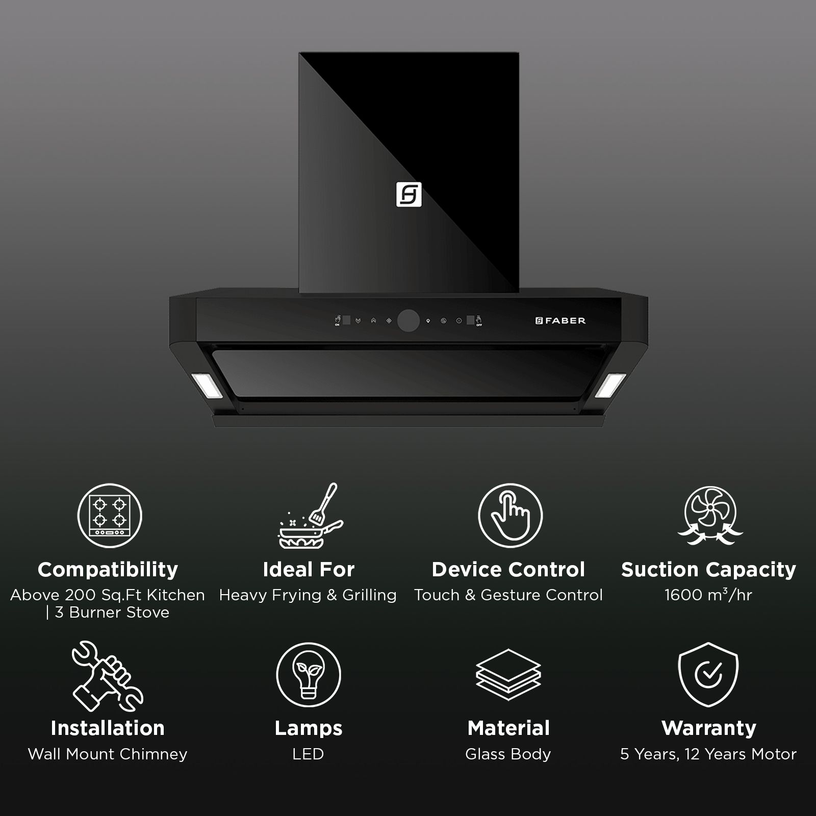 Faber HOOD APOLLO FL HC BLDC BK IN 75cm 1600m3/hr Ductless Auto Clean Wall Mounted Chimney with Touch and Gesture Control (Black)_3