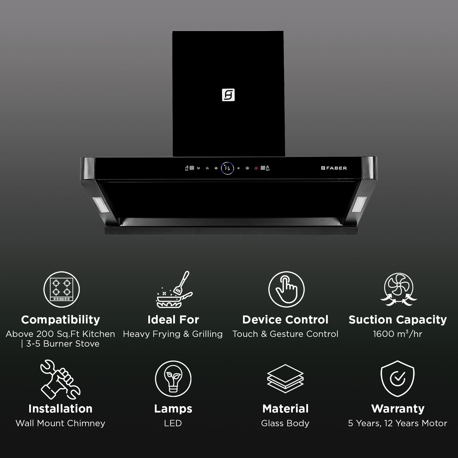 Faber HOOD APOLLO FL HC BLDC BK IN 90cm 1600m3/hr Ductless Auto Clean Wall Mounted Chimney with Touch and Gesture Control (Black)_3