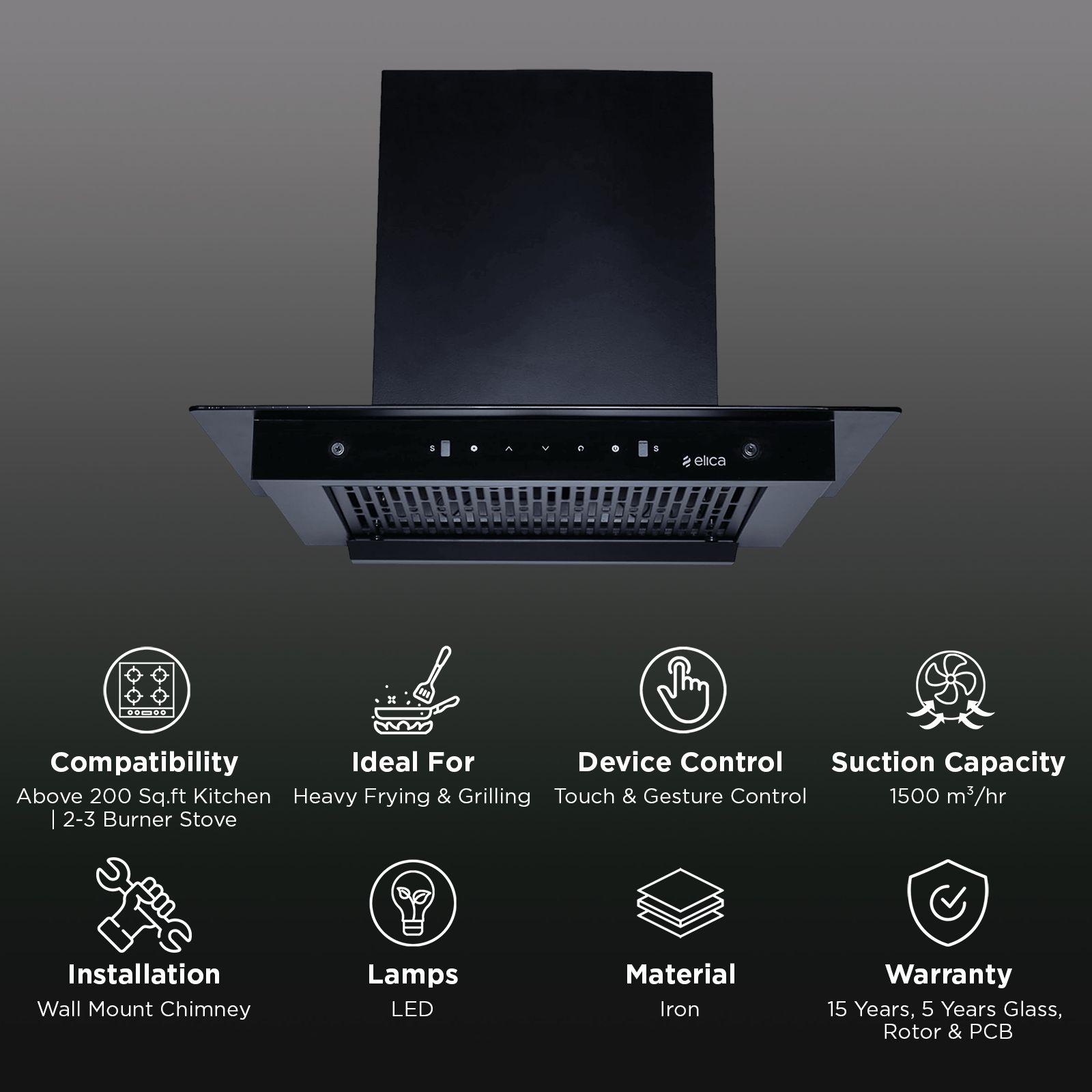 elica FLT FL 600 HAC LTW MS NERO 60cm 1500m3/hr Ducted Auto Clean Wall Mounted Chimney with Motion Sensor (Black) elica FLT FL 600 HAC LTW MS NERO 60cm 1500m3/hr Ducted Auto Clean Wall Mounted Chimney with Motion Sensor (Black)_3