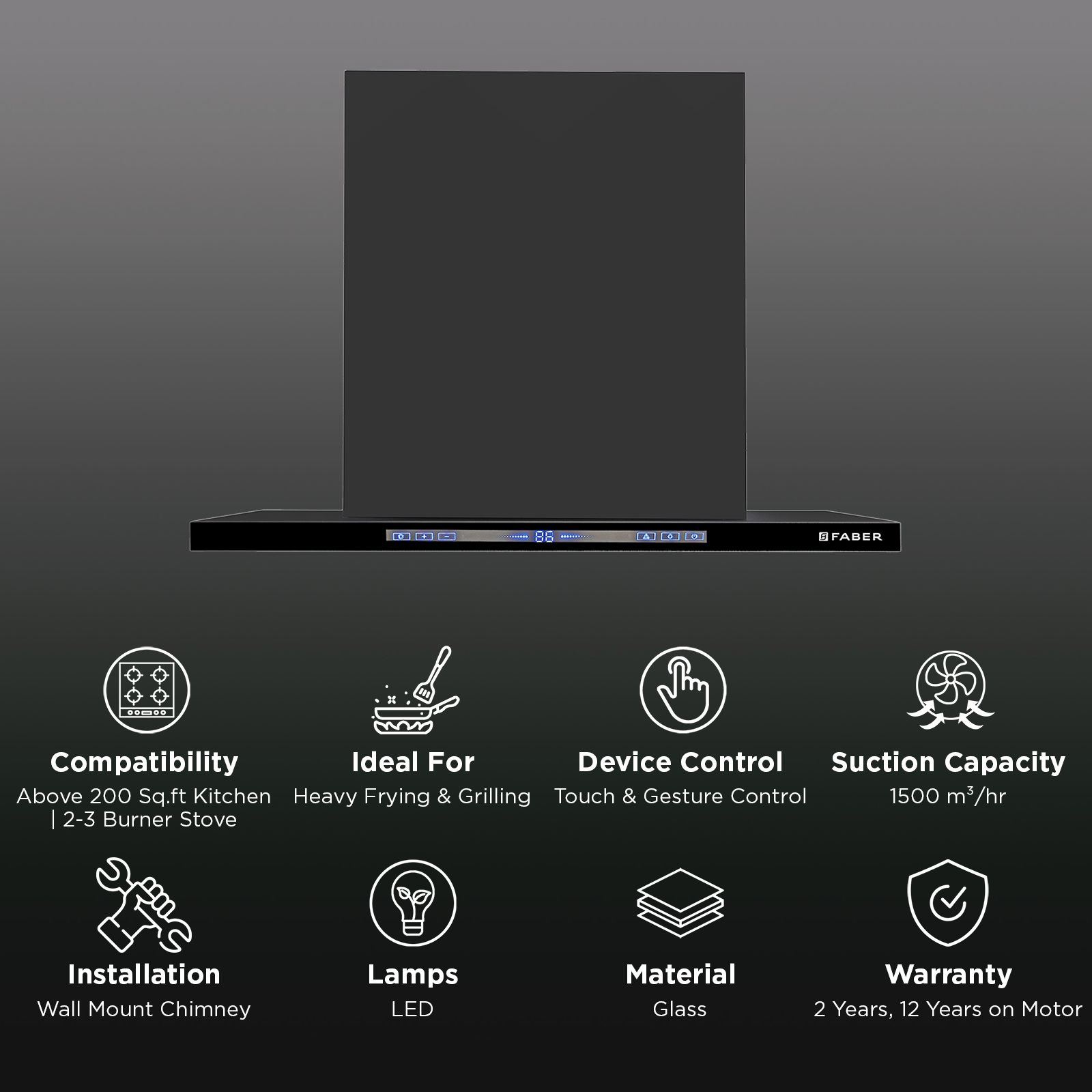 Faber HOOD SLIMX HC SC FL BK BLDC IN 60-T 60cm 1500m3/hr Ductless Auto Clean Wall Mounted Chimney with Touch and Gesture Control (Black) Faber HOOD SLIMX HC SC FL BK BLDC IN 60-T 60cm 1500m3/hr Ductless Auto Clean Wall Mounted Chimney with Touch and Gesture Control (Black)_2