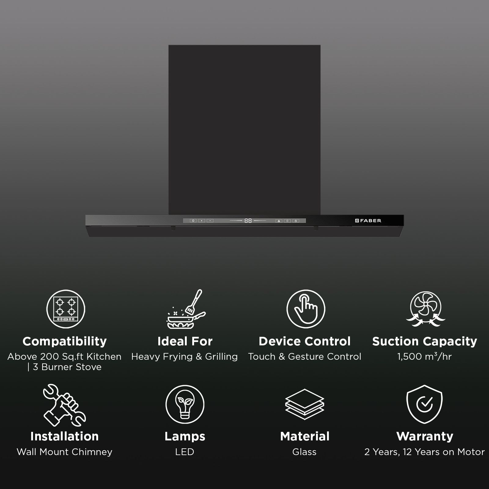 Faber HOOD SLIMX HC SC FL BK BLDC IN 75-T 75cm 1500m3/hr Ductless Auto Clean Wall Mounted Chimney with Touch and Gesture Control (Black) Faber HOOD SLIMX HC SC FL BK BLDC IN 75-T 75cm 1500m3/hr Ductless Auto Clean Wall Mounted Chimney with Touch and Gesture Control (Black)_3