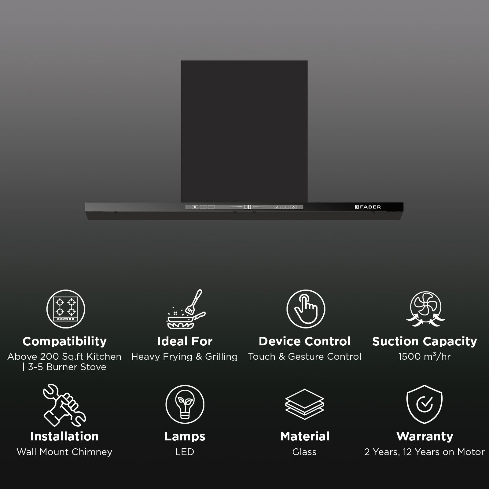 Faber HOOD SLIMX HC SC FL BK BLDC IN 90-T 90cm 1500m3/hr Ductless Auto Clean Wall Mounted Chimney with Touch and Gesture Control (Black) Faber HOOD SLIMX HC SC FL BK BLDC IN 90-T 90cm 1500m3/hr Ductless Auto Clean Wall Mounted Chimney with Touch and Gesture Control (Black)_2