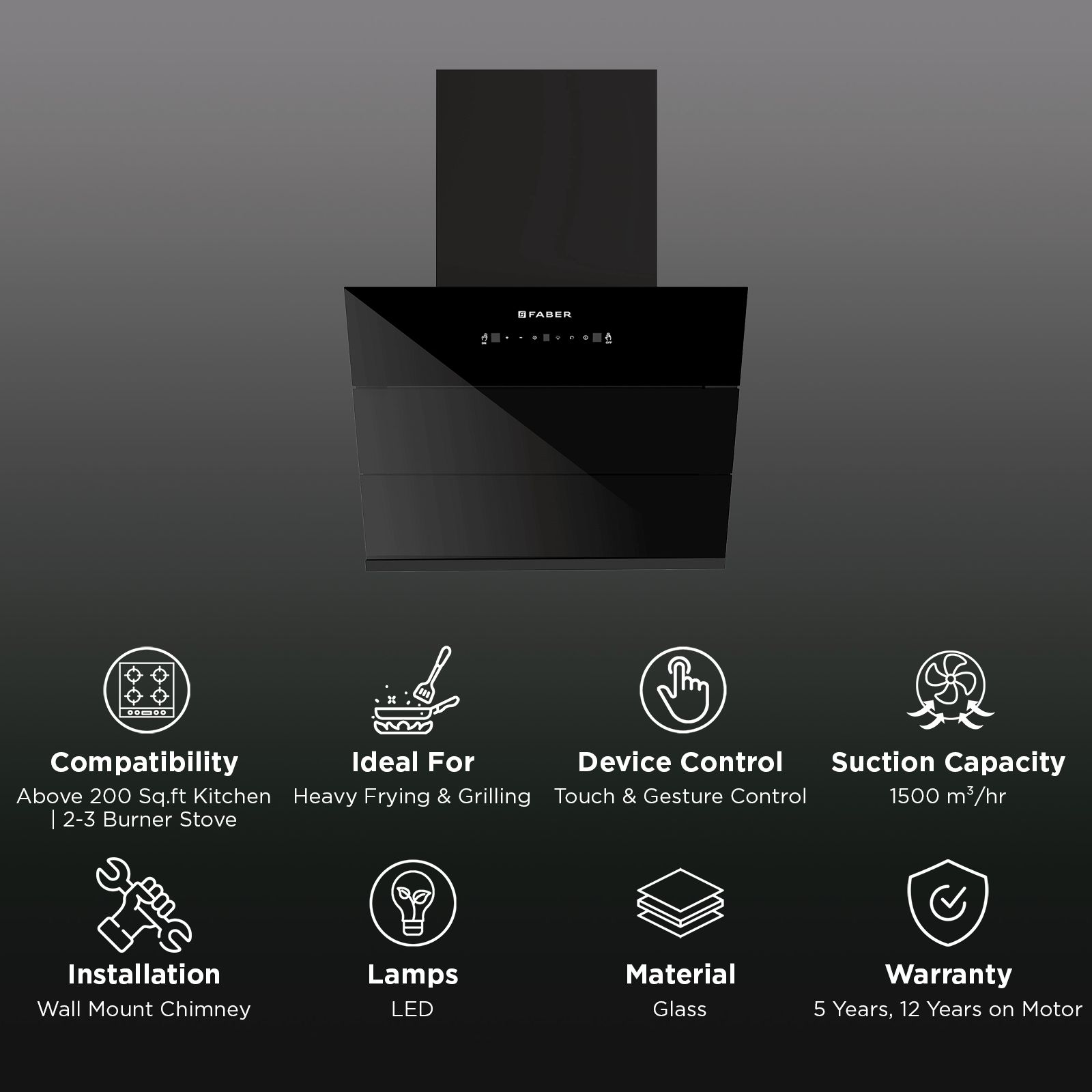 Faber HOOD GLORY BLDC FL SC HC BK IN 60 - V 60cm 1500m3/hr Ductless Auto Clean Wall Mounted Chimney with Touch and Gesture Control (Black) Faber HOOD GLORY BLDC FL SC HC BK IN 60 - V 60cm 1500m3/hr Ductless Auto Clean Wall Mounted Chimney with Touch and Gesture Control (Black)_2