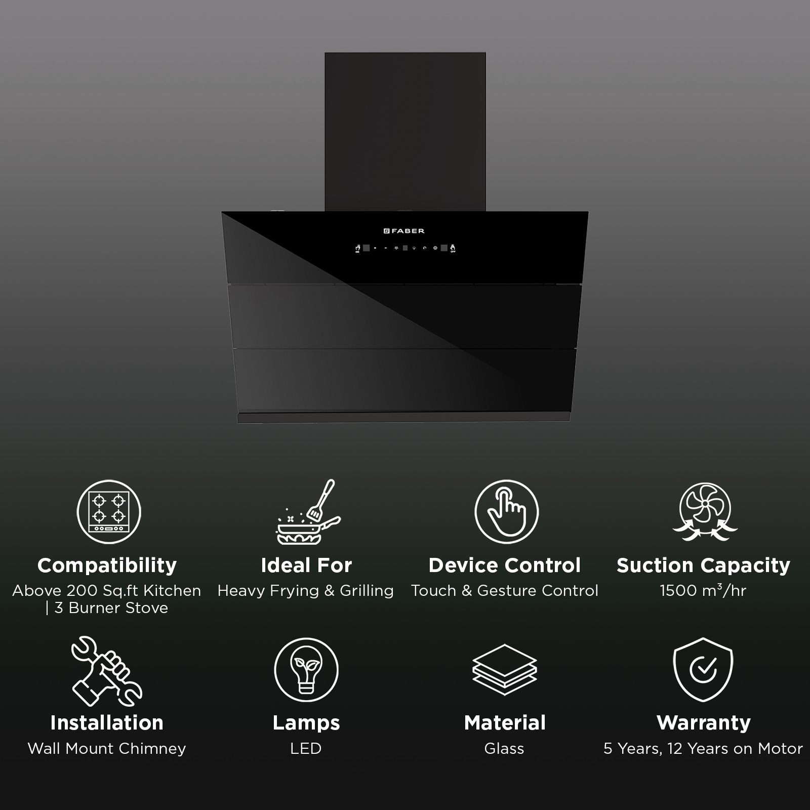Faber HOOD GLORY BLDC FL SC HC BK IN 75 - V 75cm 1500m3/hr Ductless Auto Clean Wall Mounted Chimney with Touch and Gesture Control (Black) Faber HOOD GLORY BLDC FL SC HC BK IN 75 - V 75cm 1500m3/hr Ductless Auto Clean Wall Mounted Chimney with Touch and Gesture Control (Black)_2