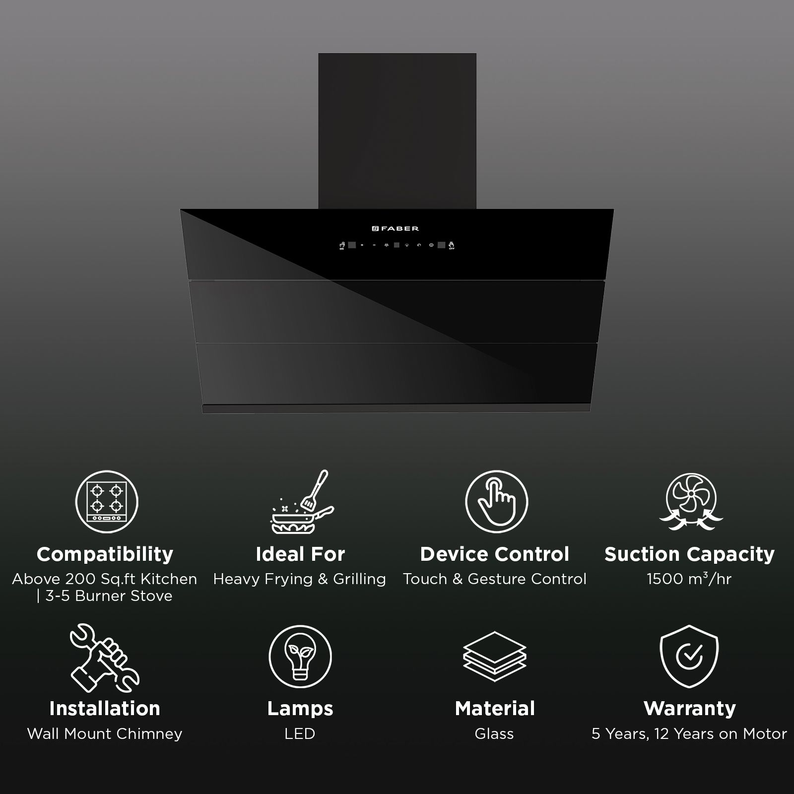 Faber HOOD GLORY BLDC FL SC HC BK IN 90 - V 90cm 1500m3/hr Ductless Auto Clean Wall Mounted Chimney with Touch and Gesture Control (Black) Faber HOOD GLORY BLDC FL SC HC BK IN 90 - V 90cm 1500m3/hr Ductless Auto Clean Wall Mounted Chimney with Touch and Gesture Control (Black)_2