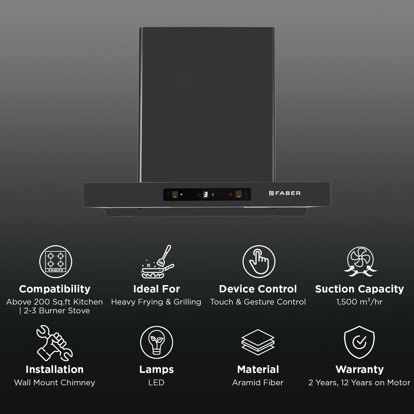 Faber HOOD MAJESTIC BLDC TC FL SC HC BK IN 60 - T 60cm 1500m3/hr Ducted Auto Clean Wall Mounted Chimney with Touch and Gesture Controls (Black) Faber HOOD MAJESTIC BLDC TC FL SC HC BK IN 60 - T 60cm 1500m3/hr Ducted Auto Clean Wall Mounted Chimney with Touch and Gesture Controls (Black)_2