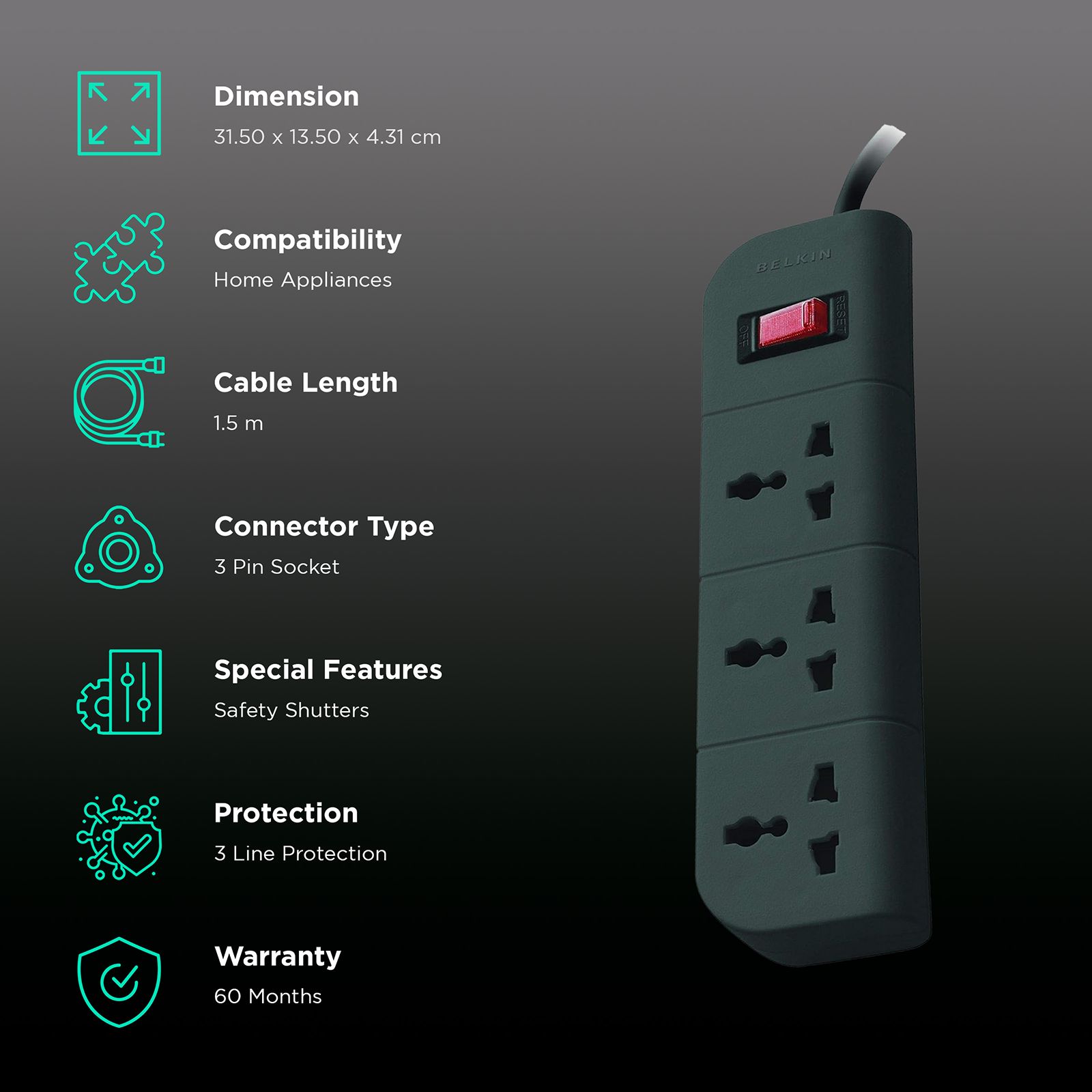 belkin 6 Amps 3 Sockets Surge Protector with Individual Switch (1.5 Meters, Heavy Duty Cable Overload Protection, F9E300ZB, Grey)_2