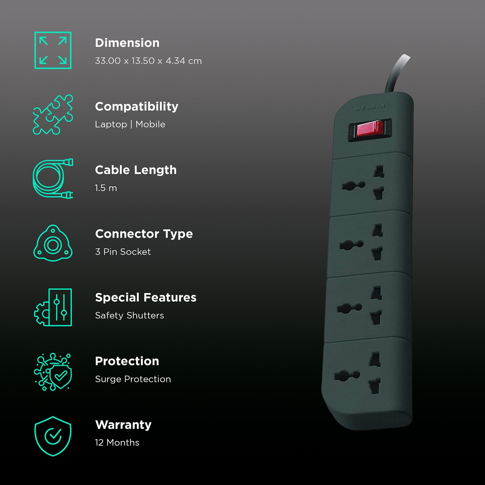 belkin Economy Series 6 Amps 4 Sockets Surge Protector with Individual Switch (1.5 Meters, Heavy Duty Cable Overload Protection, F9E400ZB, Grey)_2