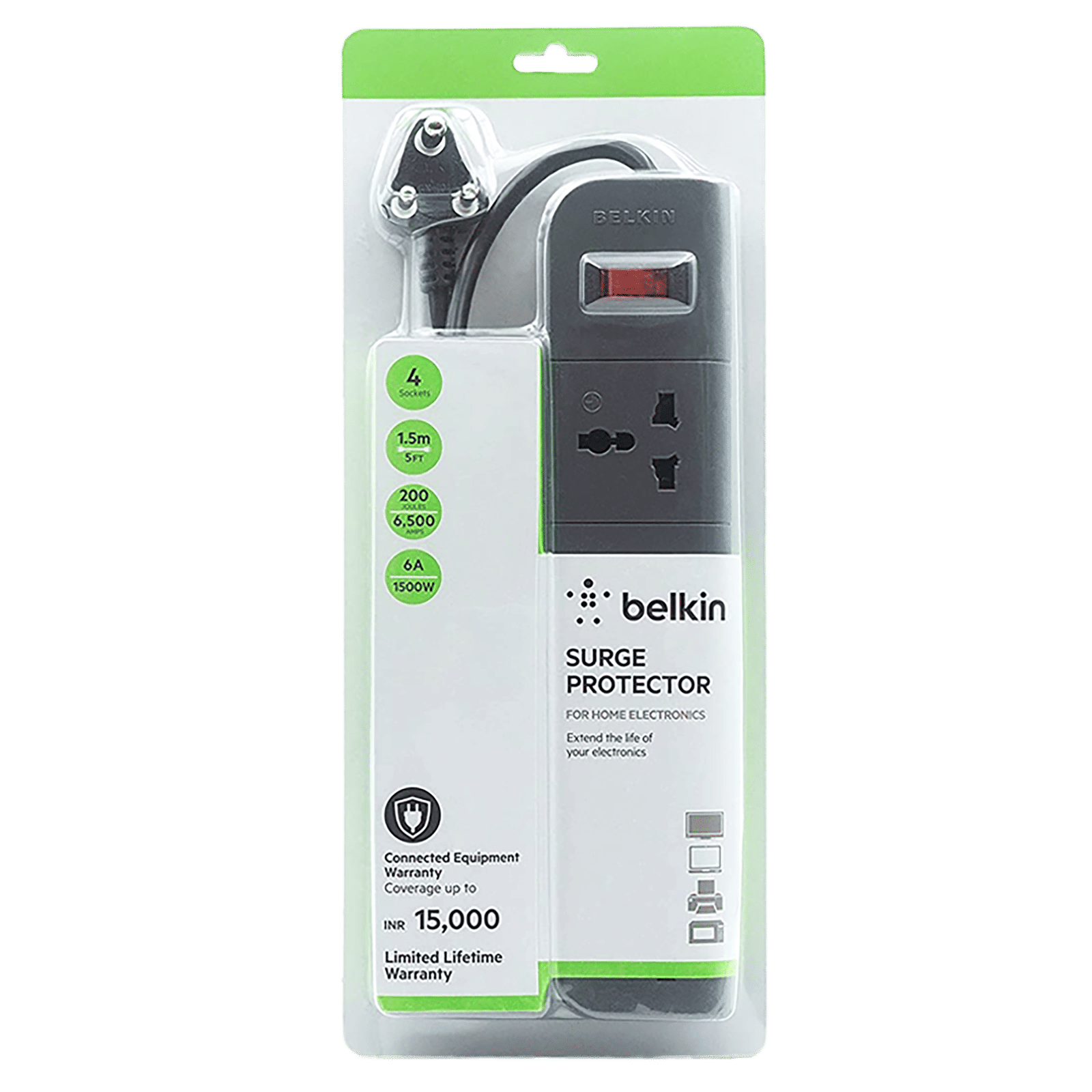 belkin Economy Series 6 Amps 4 Sockets Surge Protector with Individual Switch (1.5 Meters, Heavy Duty Cable Overload Protection, F9E400ZB, Grey)_6