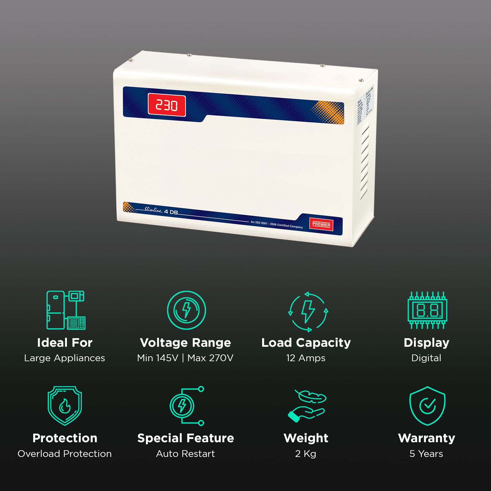 Premier Slimline Double Boost 12 Amps Voltage Stabilizer For 1.5T Air Conditioner (145 - 270 V, Digital Display, 4KVA, White) Premier Slimline Double Boost 12 Amps Voltage Stabilizer For 1.5T Air Conditioner (145 - 270 V, Digital Display, 4KVA, White)_2