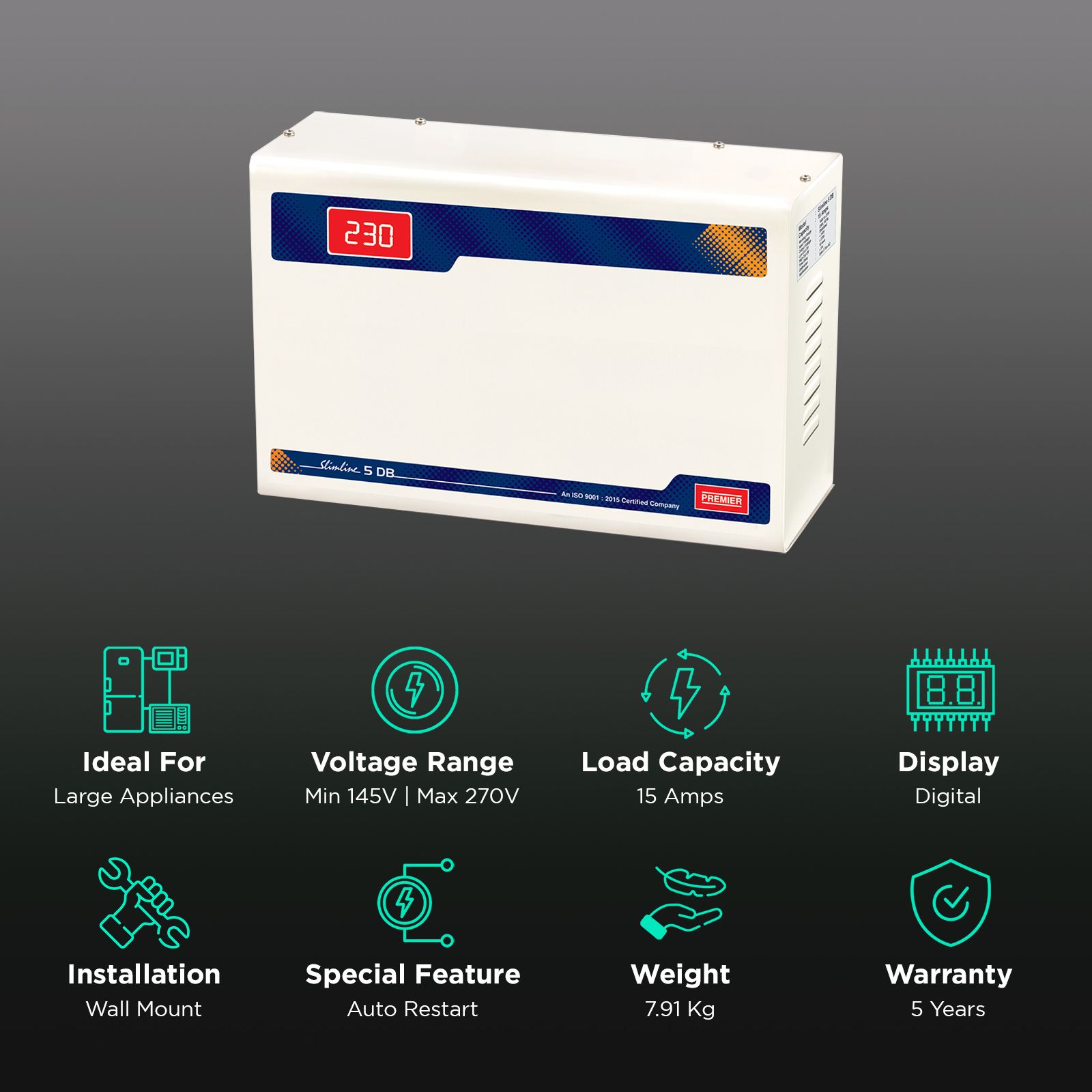 Premier Slimline Double Boost 15 Amps Voltage Stabilizer For 2T Air Conditioner (145 - 270 V, Digital Display, 5KVA, White)_2