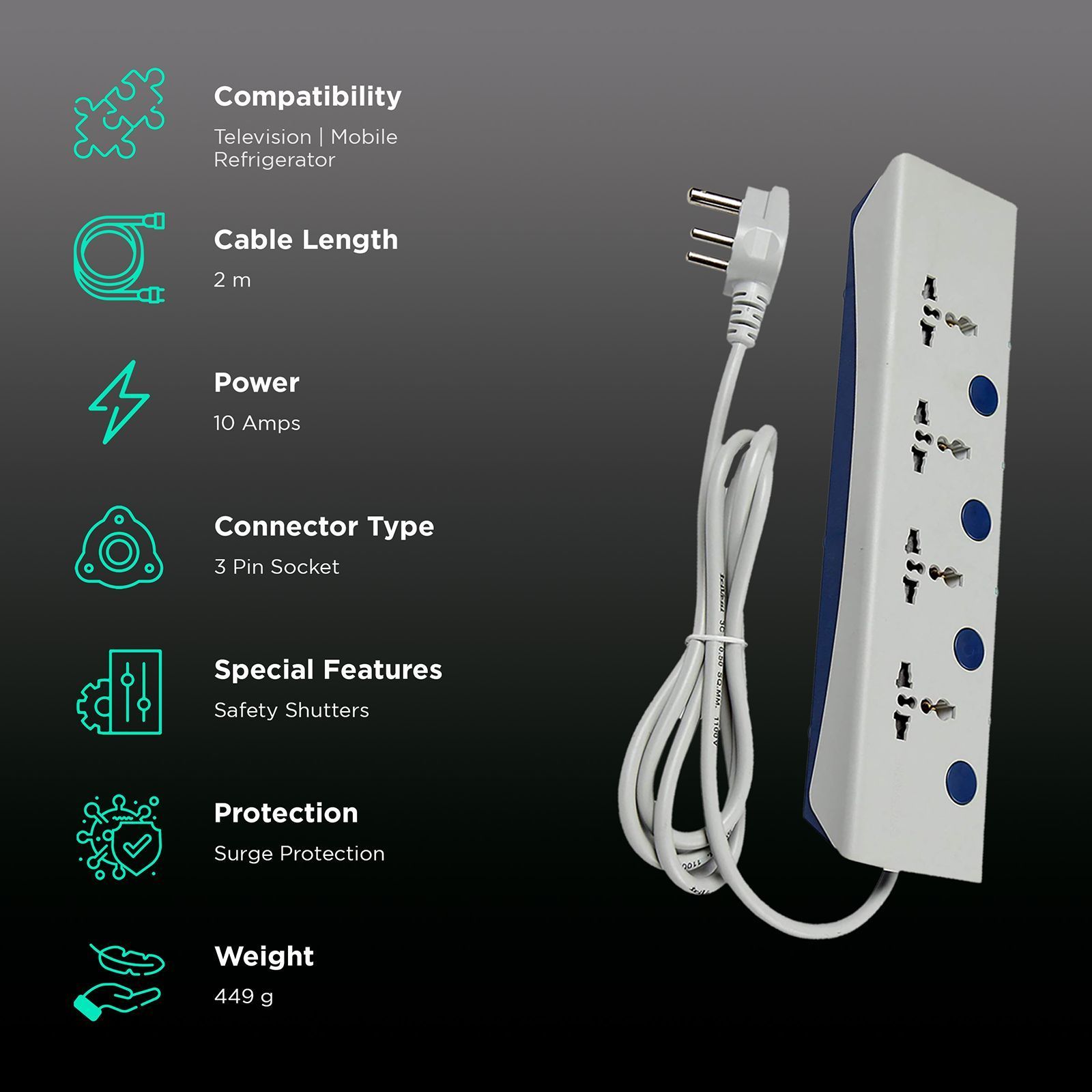 HAVELLS Royal Star 10 Amps 4 Sockets Plus 4 Surge and Spike Guard (2 Meters, Surge Protection, AHNKXXB104, Grey)_2