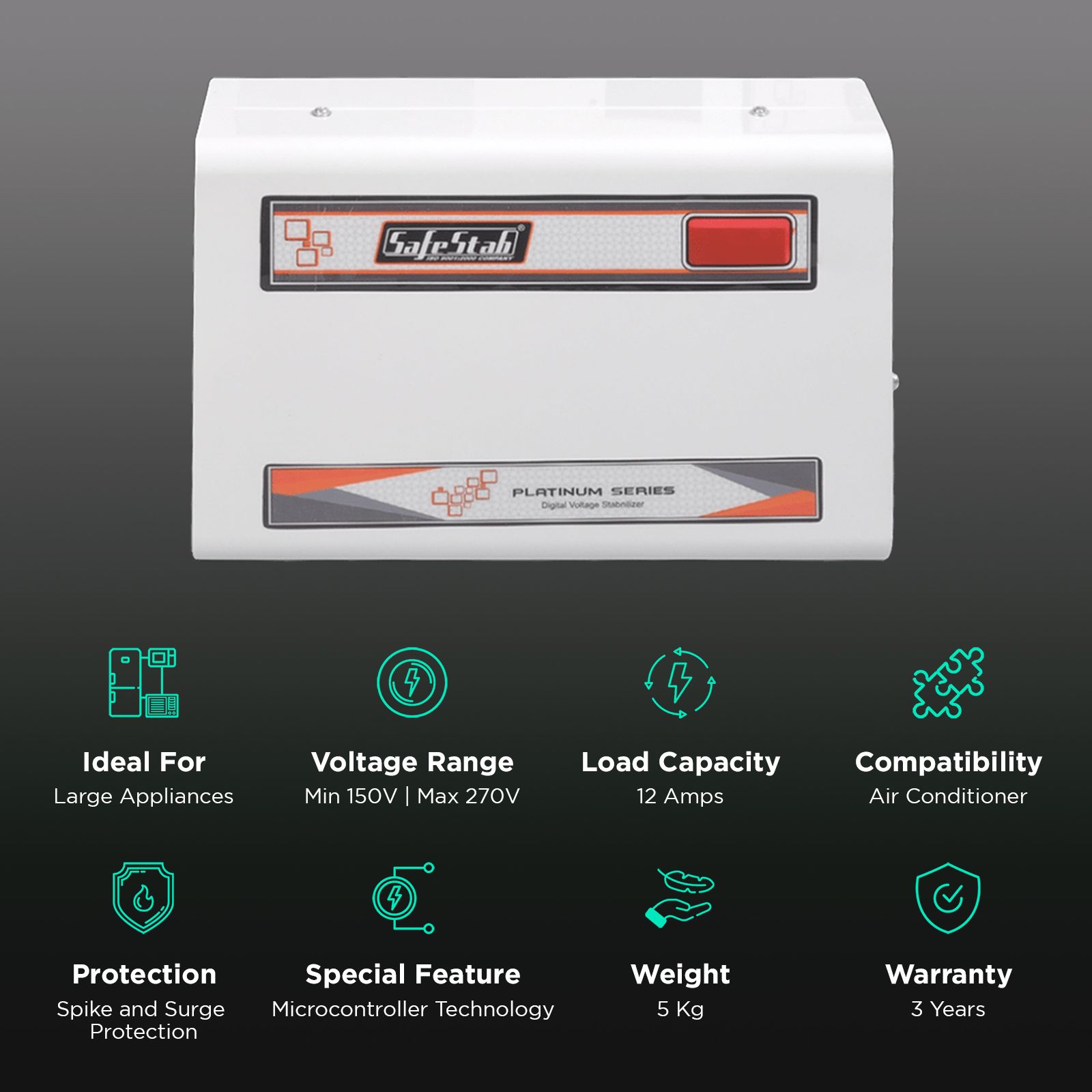 SafeStab 11 Amps Voltage Stabilizer For 1.5T Air Conditioner (150 - 270 V, Digital Display, VST400D, White) SafeStab 11 Amps Voltage Stabilizer For 1.5T Air Conditioner (150 - 270 V, Digital Display, VST400D, White)_3