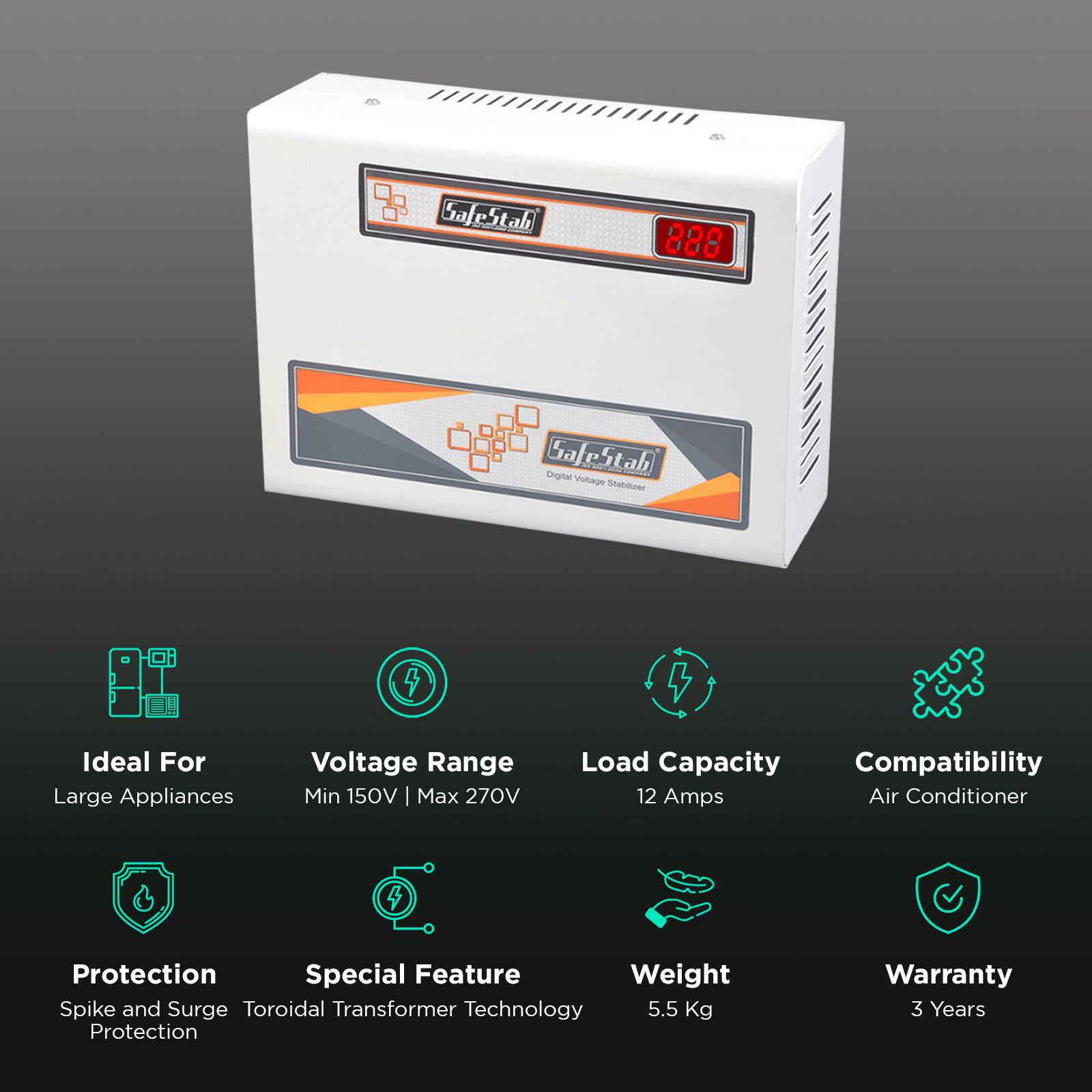 SafeStab 12 Amps Voltage Stabilizer For 1.5T Air Conditioner (150 - 270 V, Latest IC Technology, VST400D PLUS, White)_3