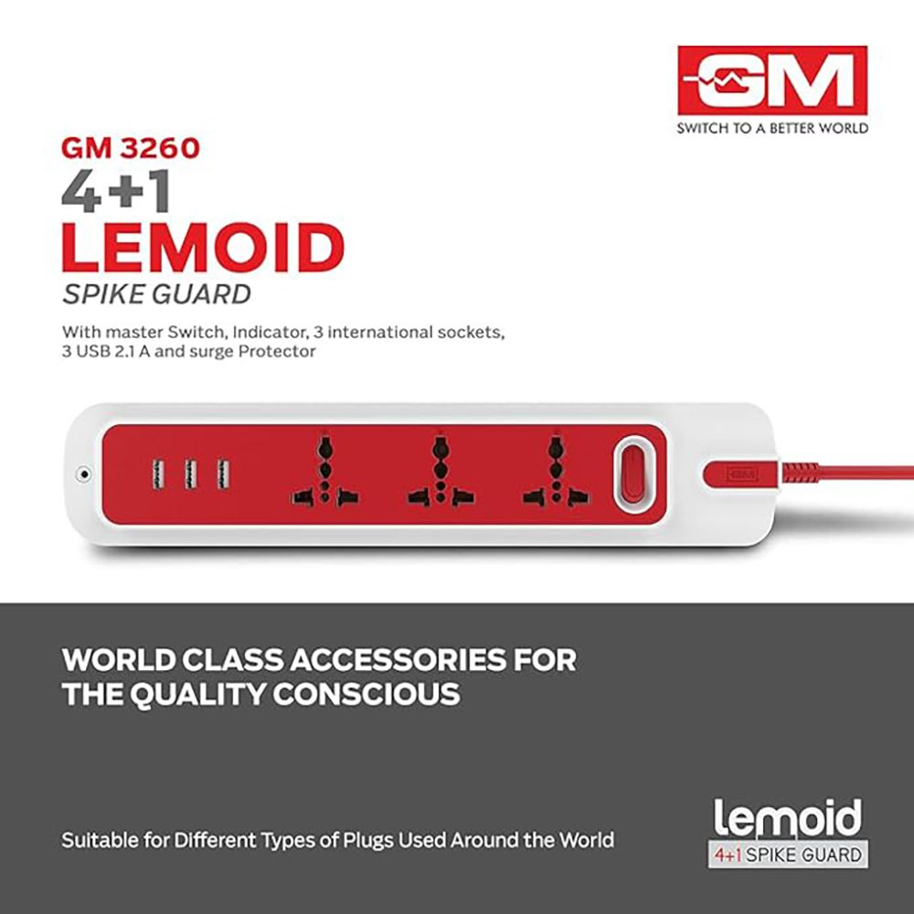 GM Lemoid 2.1 Amps 3 Sockets Surge Protector with Individual Switch (2 Meters, LED indicator, 3258, White & Red)_6