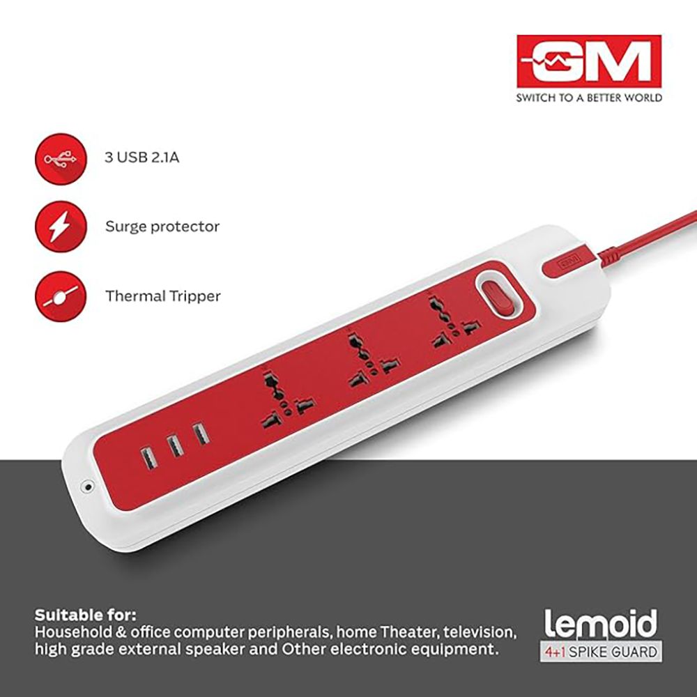 GM Lemoid 2.1 Amps 3 Sockets Surge Protector with Individual Switch (2 Meters, LED indicator, 3258, White & Red)_7