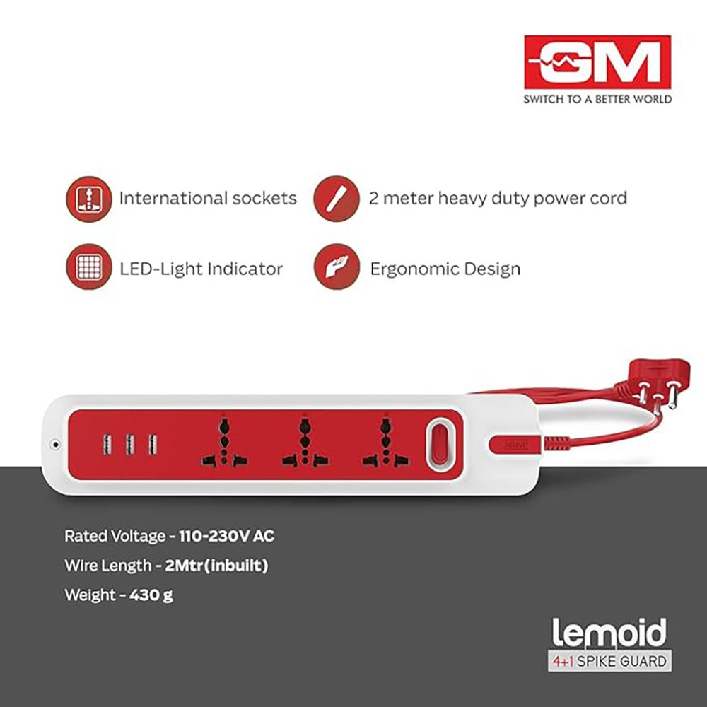 GM Lemoid 2.1 Amps 3 Sockets Surge Protector with Individual Switch (2 Meters, LED indicator, 3258, White & Red)_8