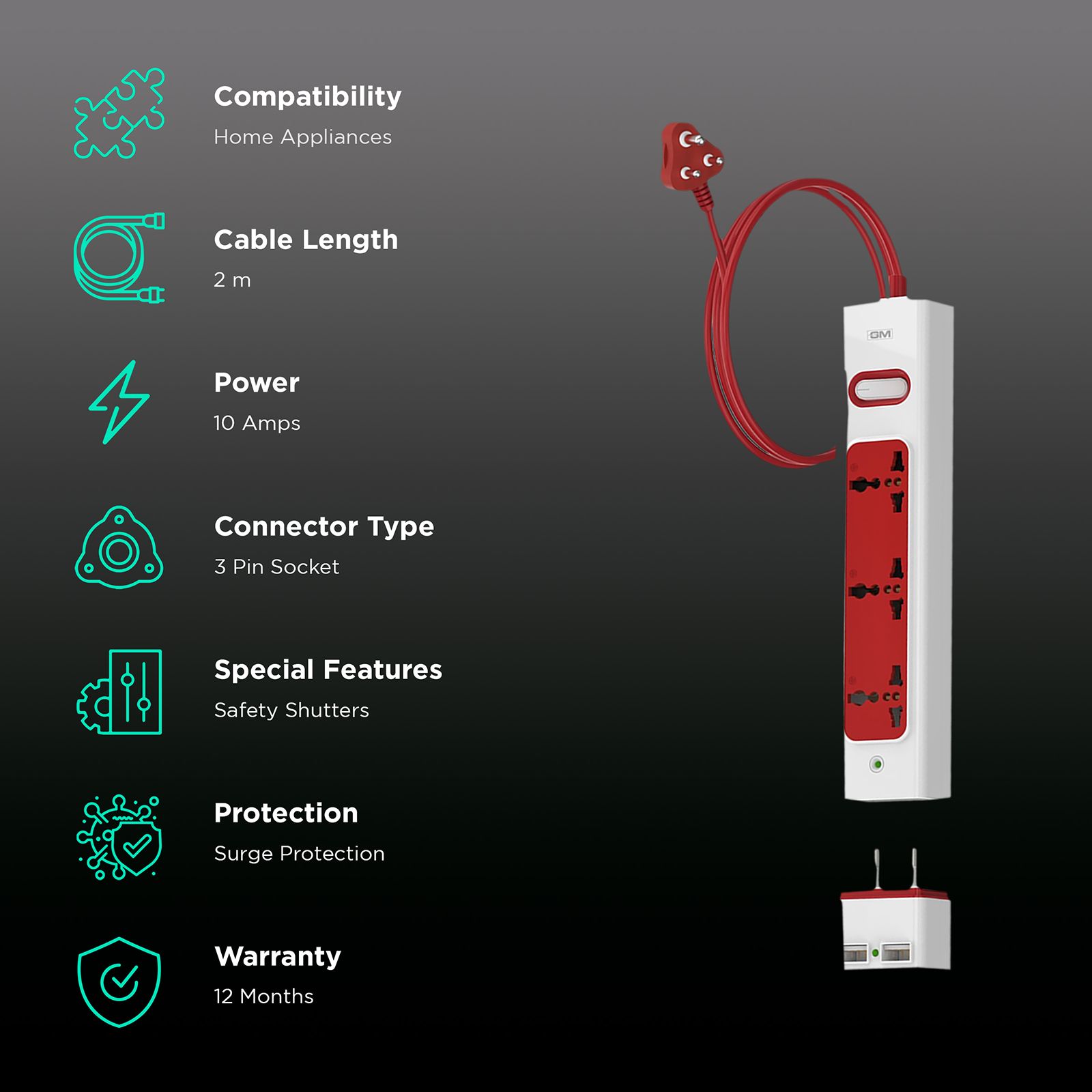 GM Lemoid 2.1 Amps 3 Sockets Surge Protector with Individual Switch (2 Meters, LED indicator, 3258, White & Red)_2