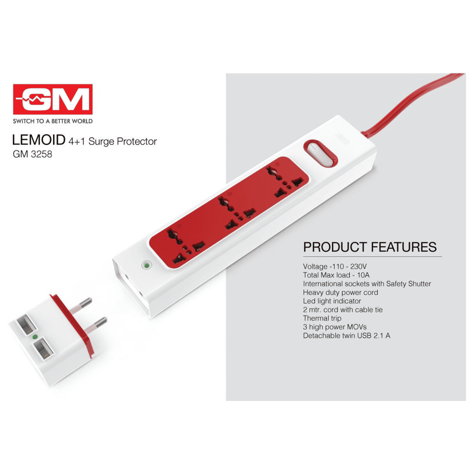 GM Lemoid 2.1 Amps 3 Sockets Surge Protector with Individual Switch (2 Meters, LED indicator, 3258, White & Red)_4