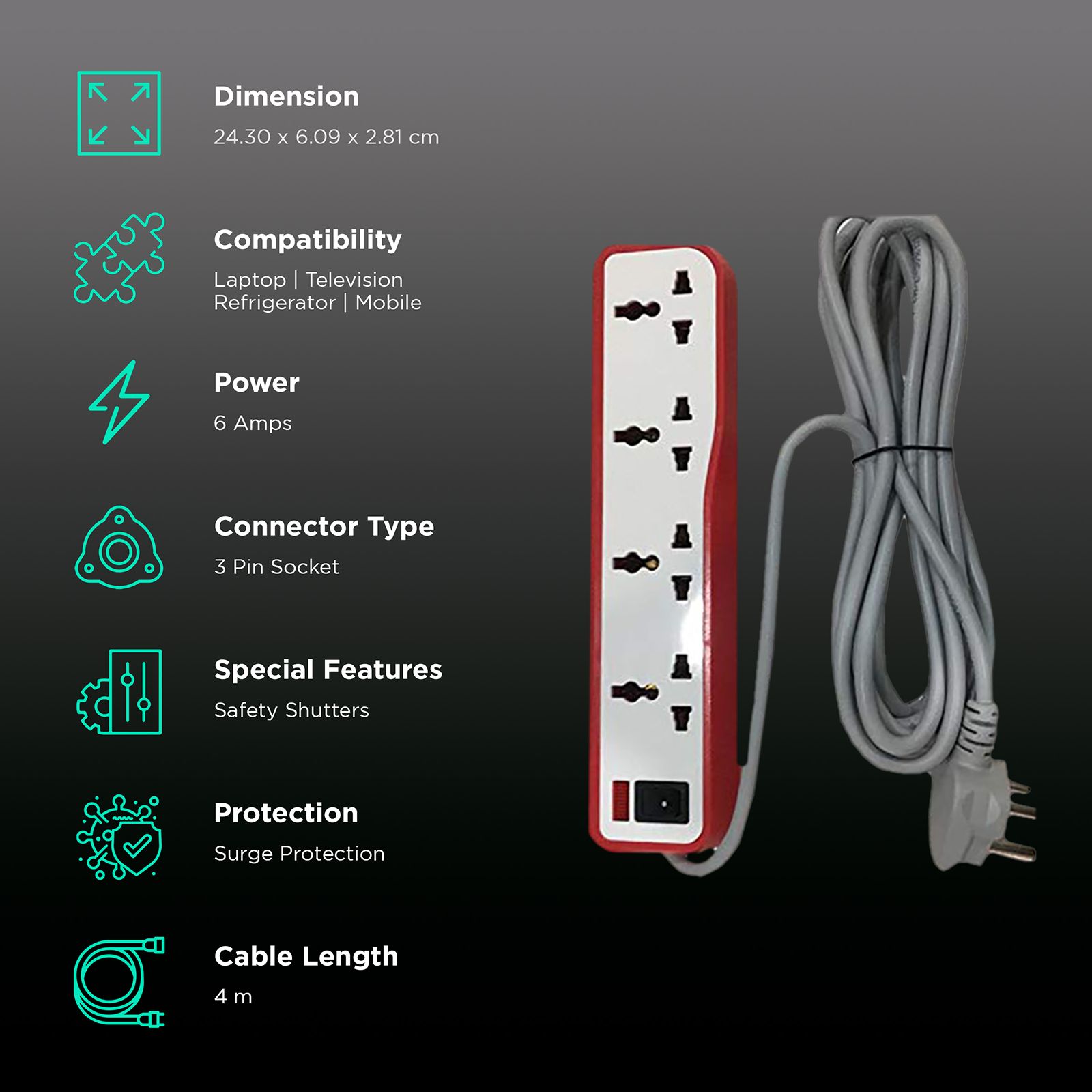 HAVELLS EcoStar 6 Amps 4 Sockets Spike Guard (4 Meters, Neon Indicator, AHNKXXR004, White)_2