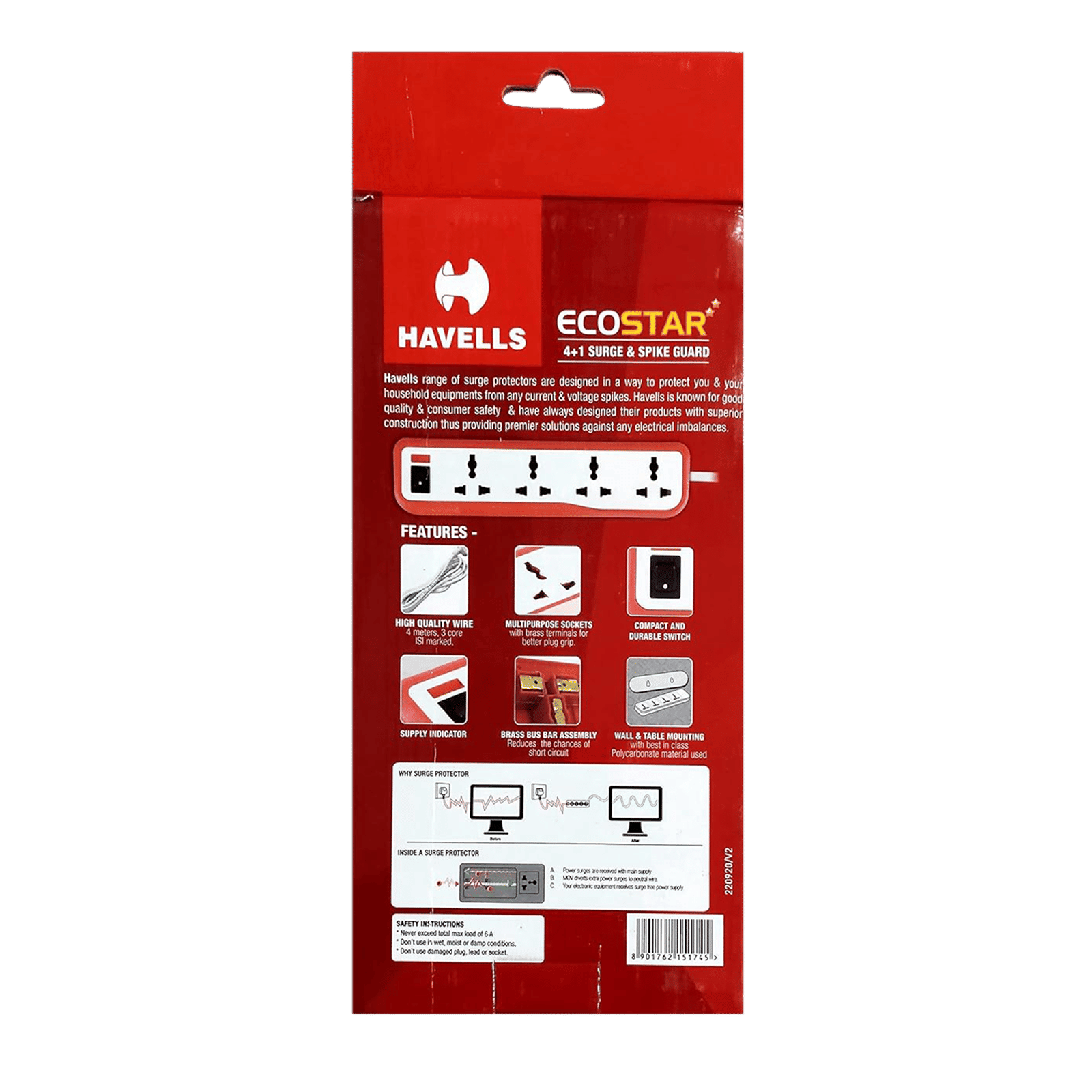 HAVELLS EcoStar 6 Amps 4 Sockets Spike Guard (4 Meters, Neon Indicator, AHNKXXR004, White)_5