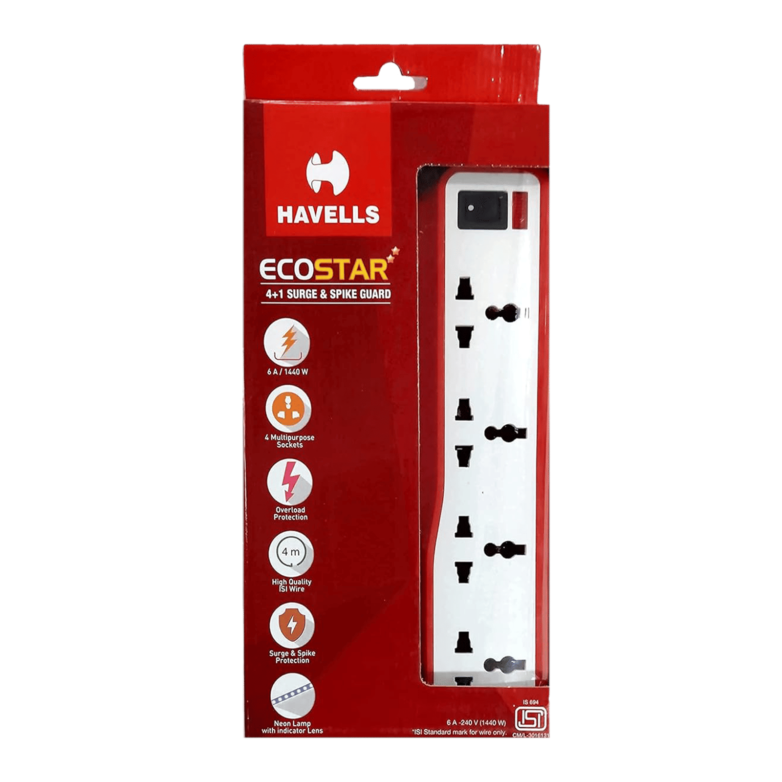 HAVELLS EcoStar 6 Amps 4 Sockets Spike Guard (4 Meters, Neon Indicator, AHNKXXR004, White)_6