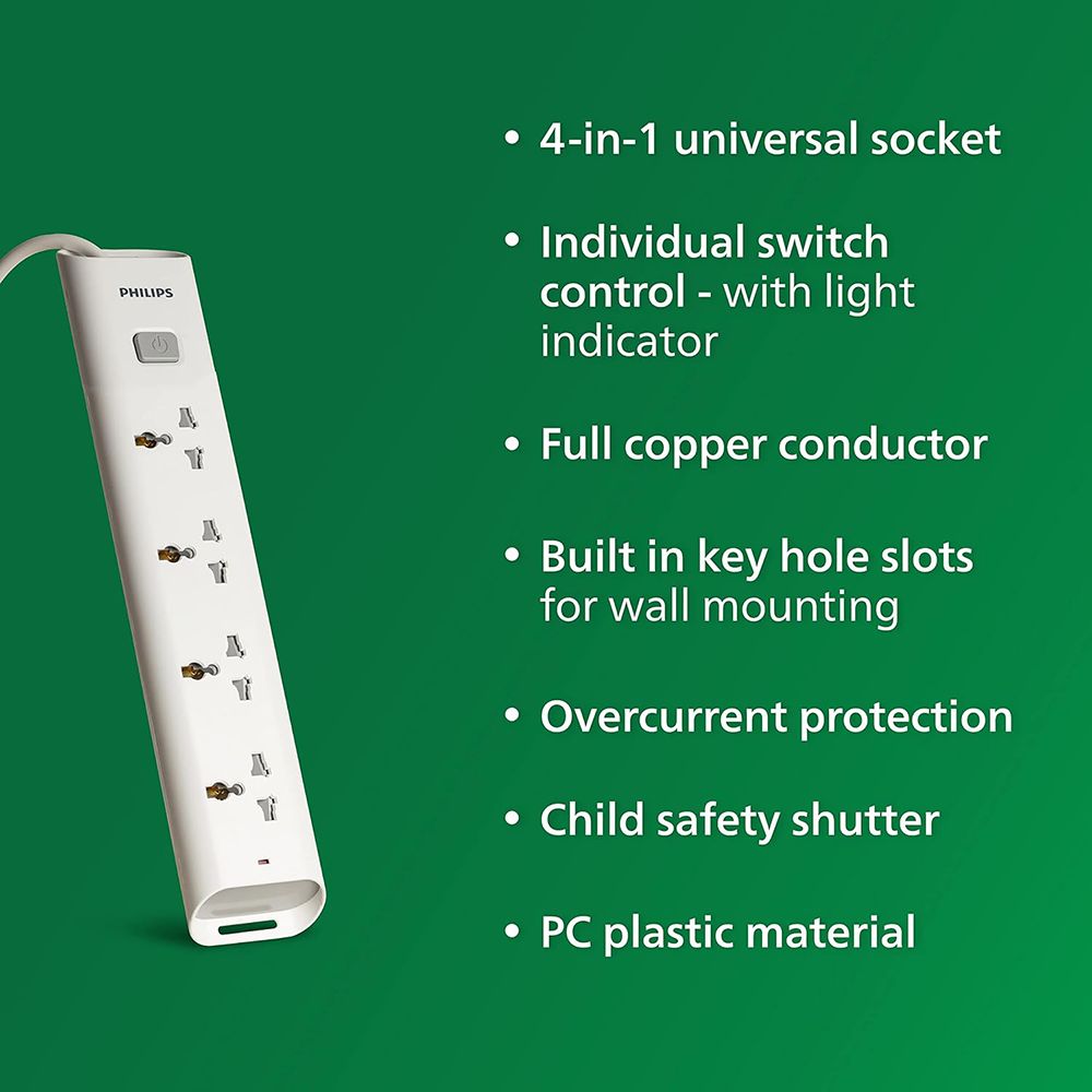 PHILIPS 10 Amps 4 Sockets Extension Board (1.4 Meters, Child Safety Shutter, CHP2442W/94, White) PHILIPS 10 Amps 4 Sockets Extension Board (1.4 Meters, Child Safety Shutter, CHP2442W/94, White)_8