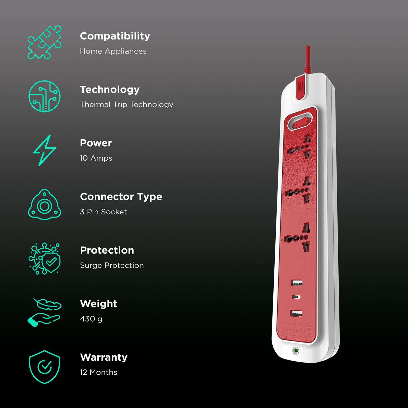 GM Lemoid 10 Amps 3 Sockets Surge Protector (Thermal Trip Technology, 3290, Red/White) GM Lemoid 10 Amps 3 Sockets Surge Protector (Thermal Trip Technology, 3290, Red/White)_2