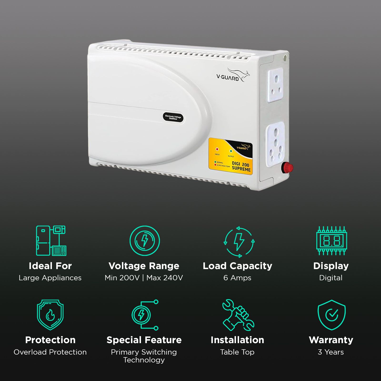 V-Guard 6 Amps Voltage Stabilizer For Up to 203cm (80") TV / SetTop Box / Home Theatre / Gaming Console / Photostat Machine (140 - 295 V, Built-In Thermal Overload Protection, Digi 200, White)_2
