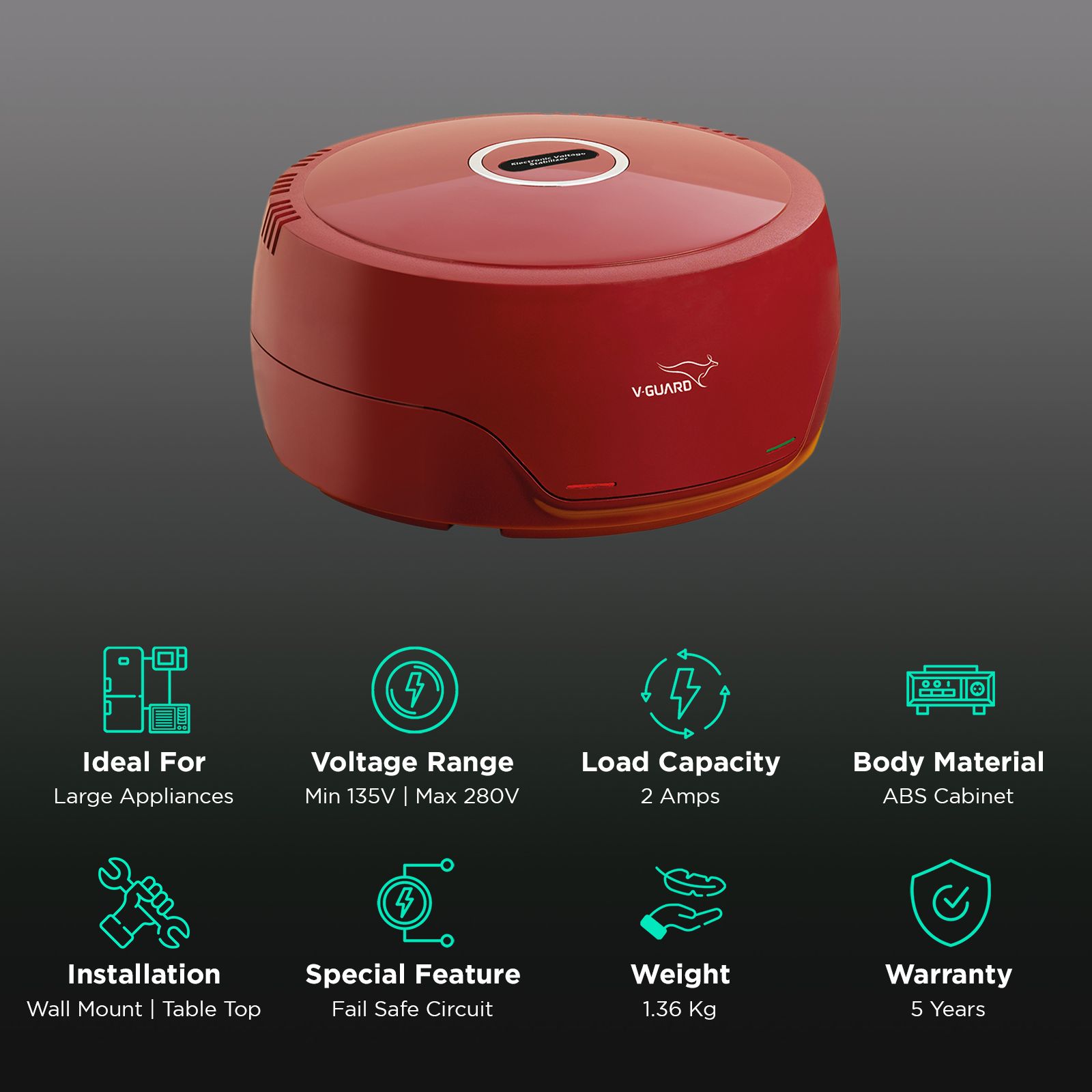 V-Guard 2 Amps Voltage Stabilizer For Up to 300 Liters Refrigerator (135 - 280 V, Fail Safe Circuit Protection, VG 50, Red)_2