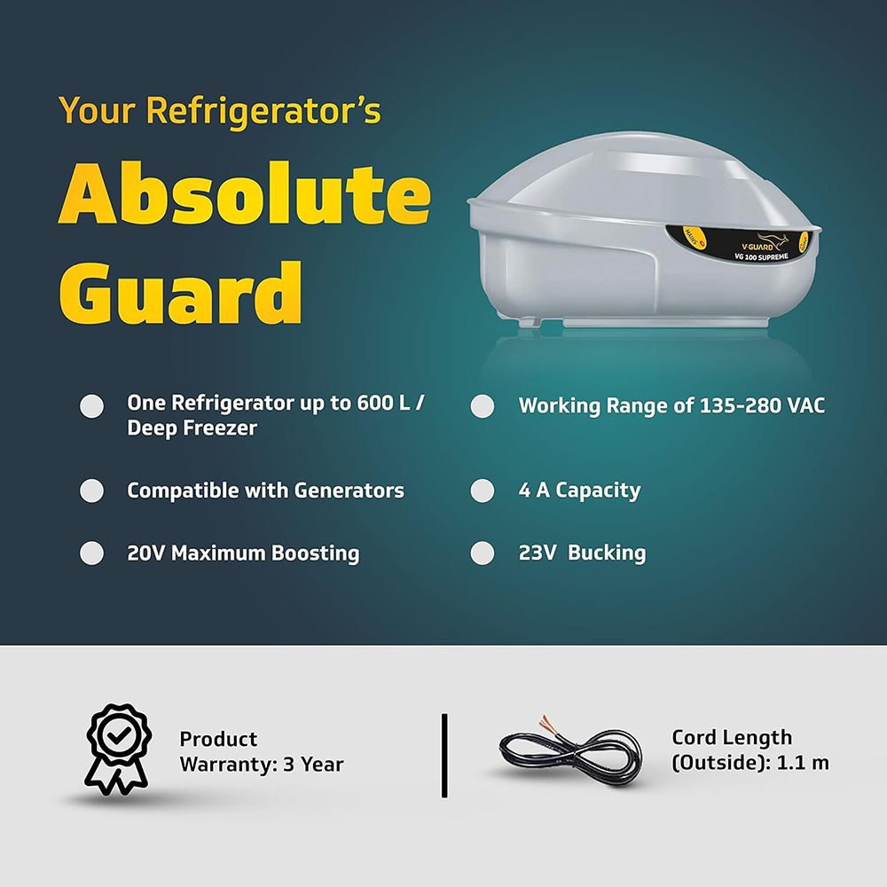 V-GUARD 4 Amps Voltage Stabilizer For 600 Litres Refrigerator + 1 Deep Freezer (135 - 280 V, Fail Safe Circuit Protection, VG 100, Grey)_4