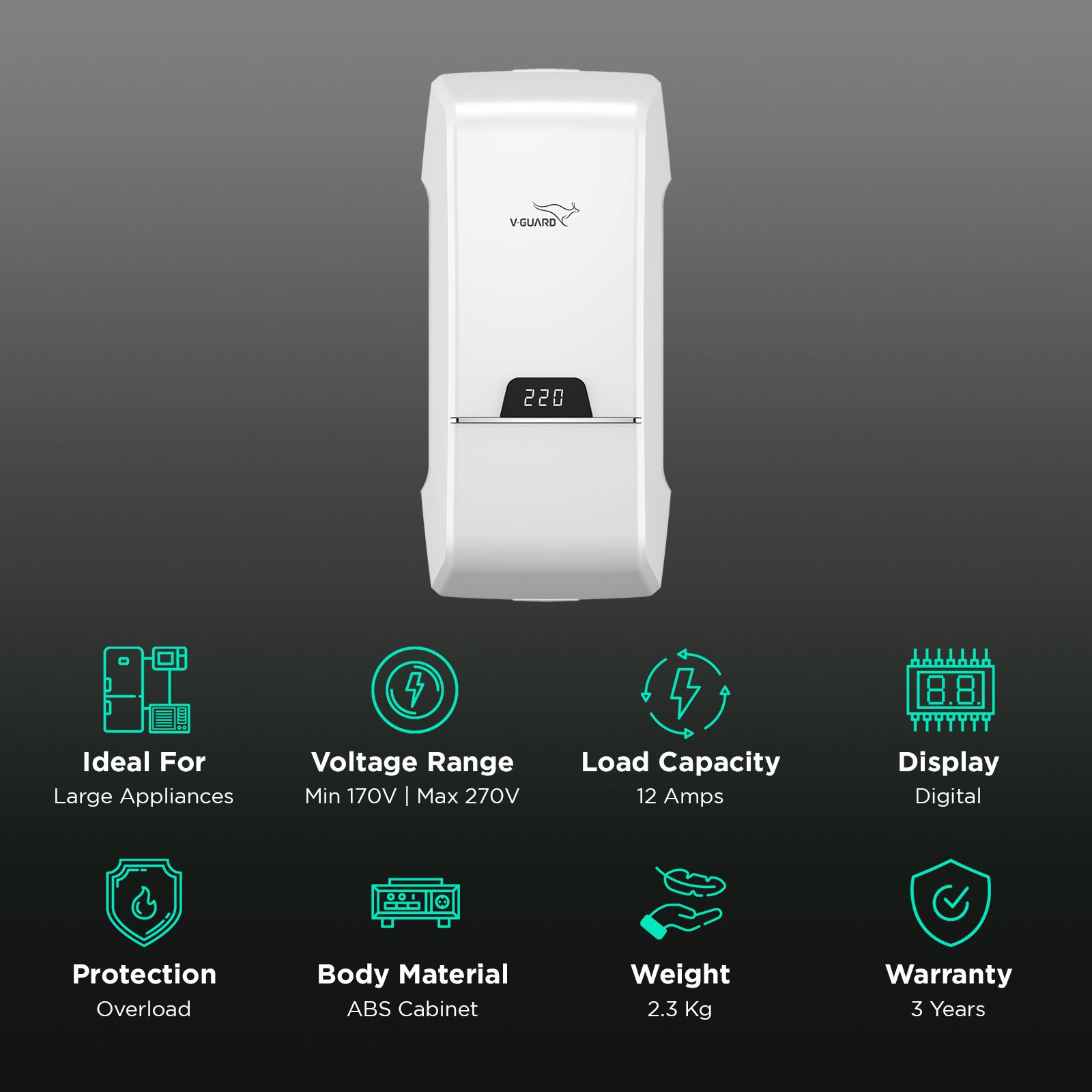 V-GUARD Arizor 4170 12 Amps Voltage Stabilizer For 1.5 Ton Inverter Air Conditioner (170 - 270 V, Fail Safe Circuit Protection, White) V-GUARD Arizor 4170 12 Amps Voltage Stabilizer For 1.5 Ton Inverter Air Conditioner (170 - 270 V, Fail Safe Circuit Protection, White)_2