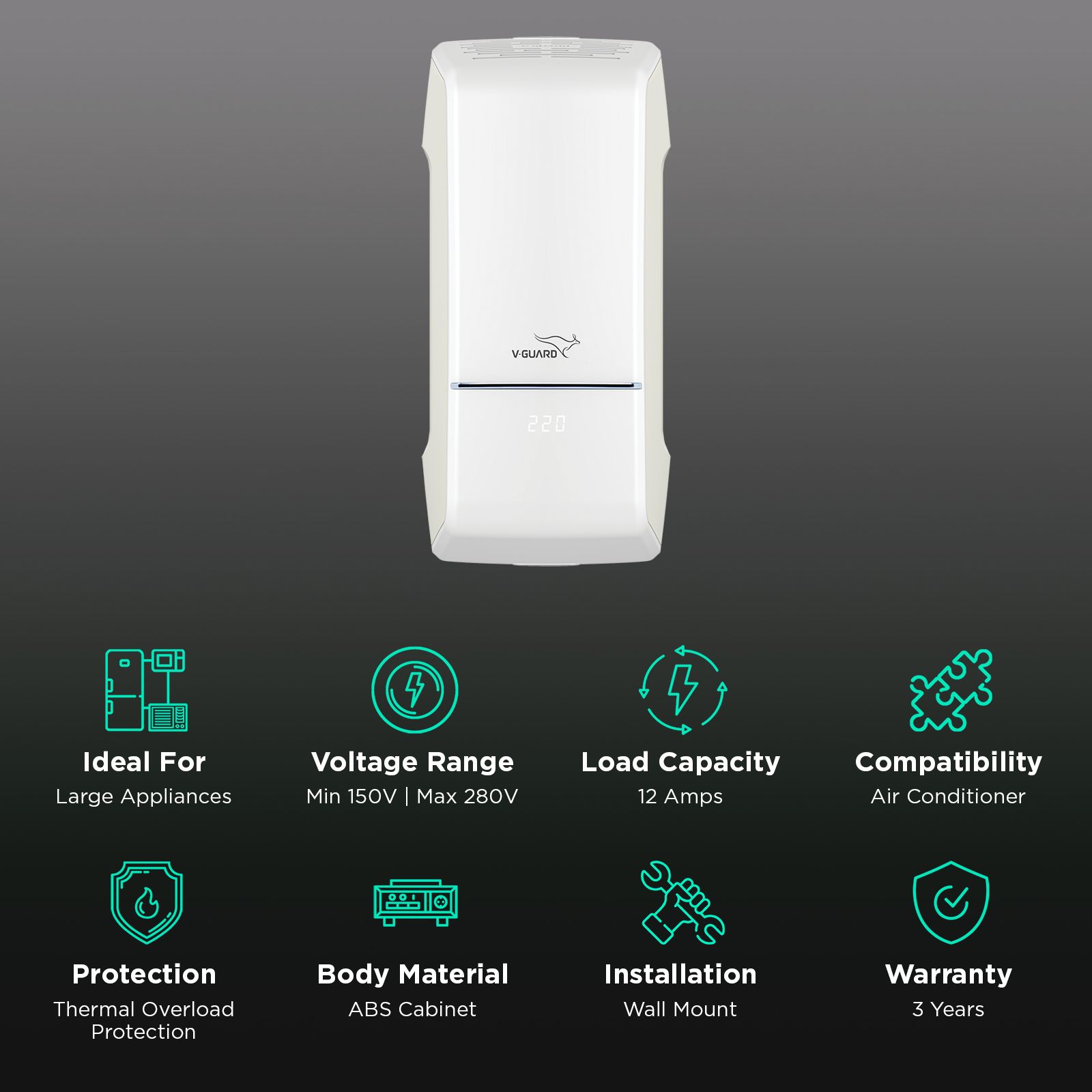 V-GUARD Arizor 4150 12 Amps Voltage Stabilizer For 1.5 Ton Inverter Air Conditioner (150 - 280 V, Smart Voltage Correction, White)_2