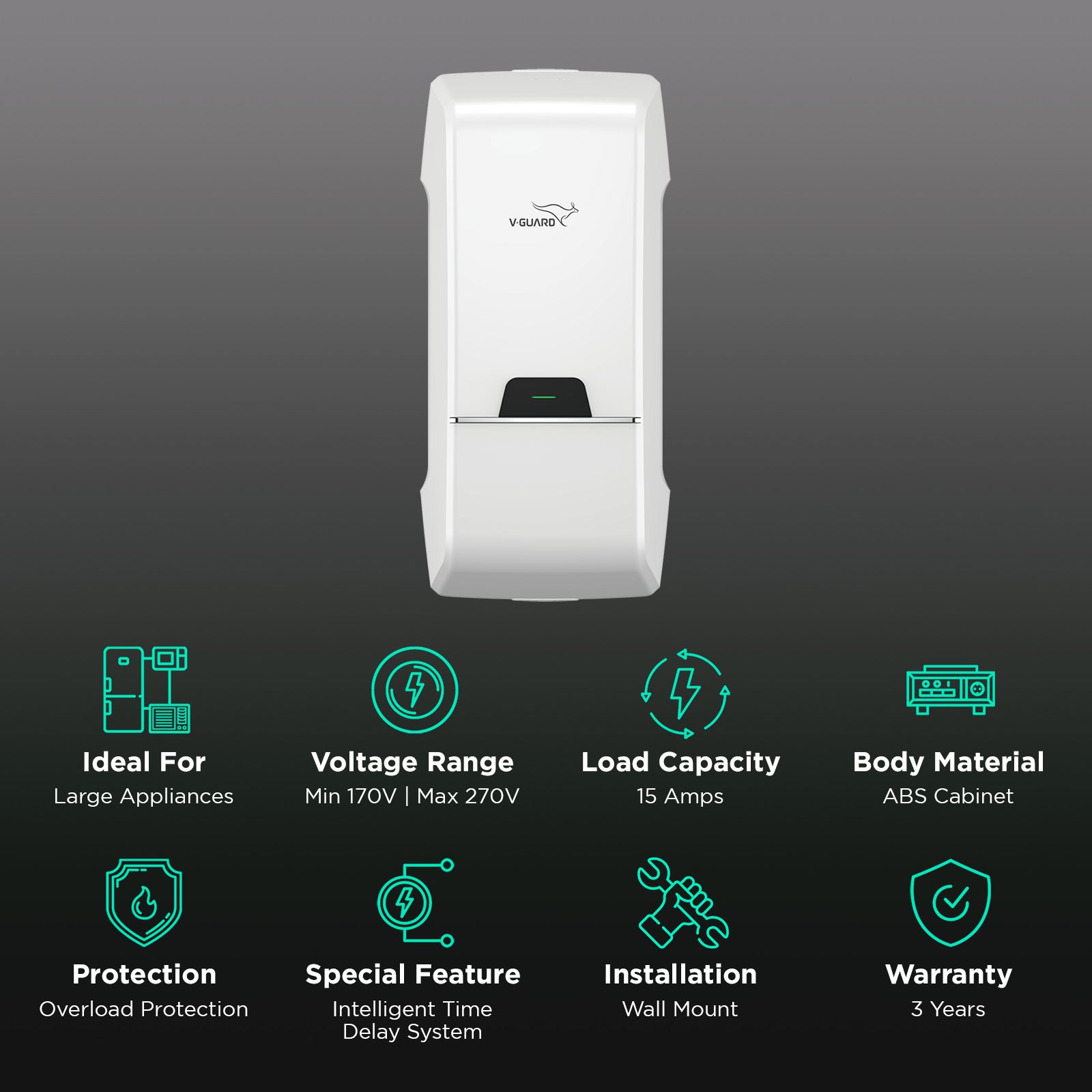 V-GUARD 15 Amps Voltage Stabilizer For 2 ton Air conditioner (170 - 270 V, Intelligent Time Delay System, Arizor SD 5170, White)_2