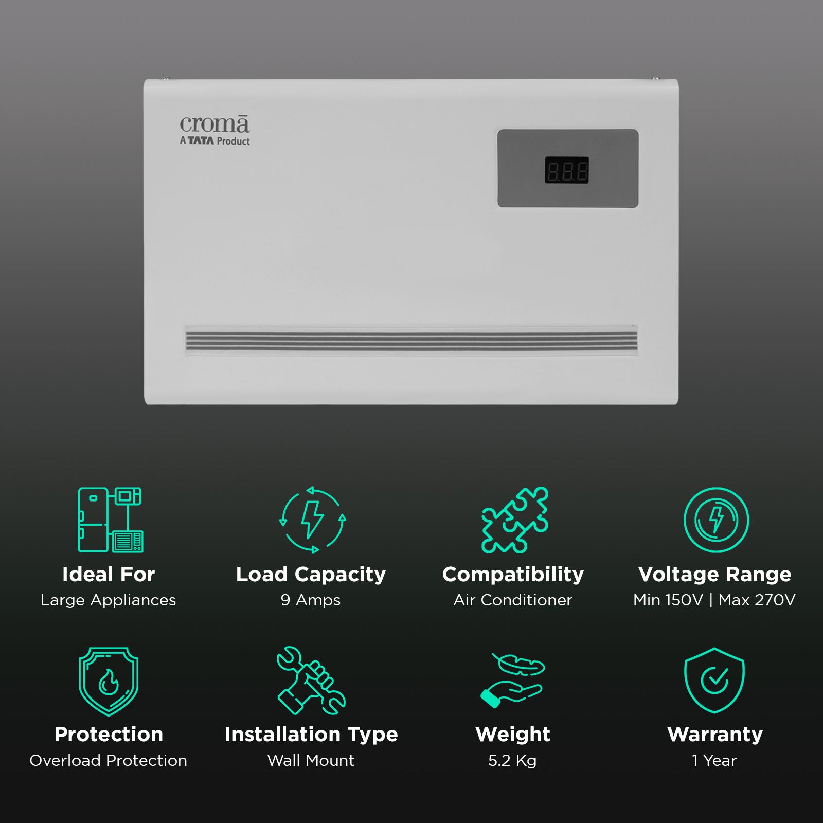 Croma 9 Amps Voltage Stabilizer For 1.5T Air Conditioner (150 - 270 V, Thermal Overload Protection, CRLS150KAA297201, White)_2