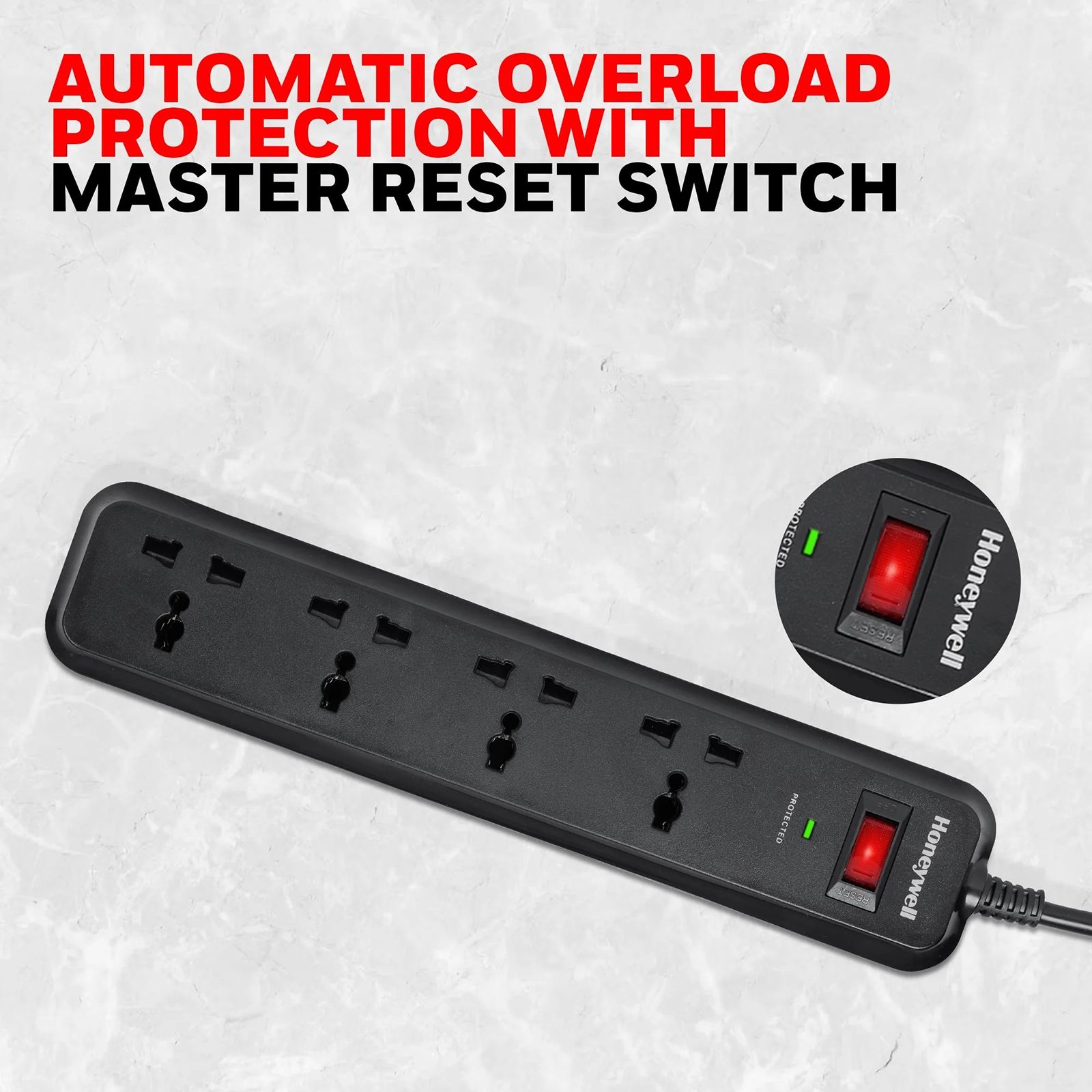 Honeywell 15000 Amps 4 Sockets Surge Protector (2 Meters, Child Lock Safety Shutter, HC000008, Black)_2