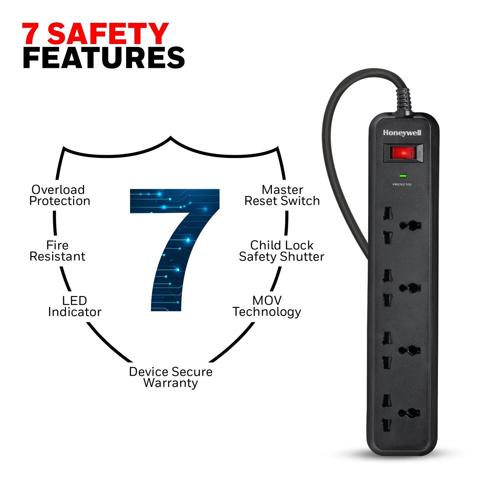 Honeywell 15000 Amps 4 Sockets Surge Protector (2 Meters, Child Lock Safety Shutter, HC000008, Black)_4