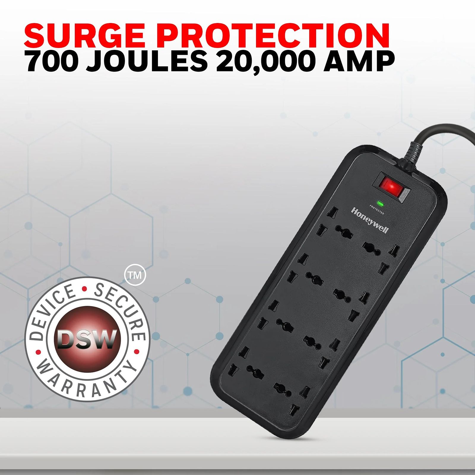 Honeywell 20000 Amps 8 Sockets Surge Protector (2 Meters, Automatic Overload Protection, HC000010, Black) Honeywell 20000 Amps 8 Sockets Surge Protector (2 Meters, Automatic Overload Protection, HC000010, Black)_3