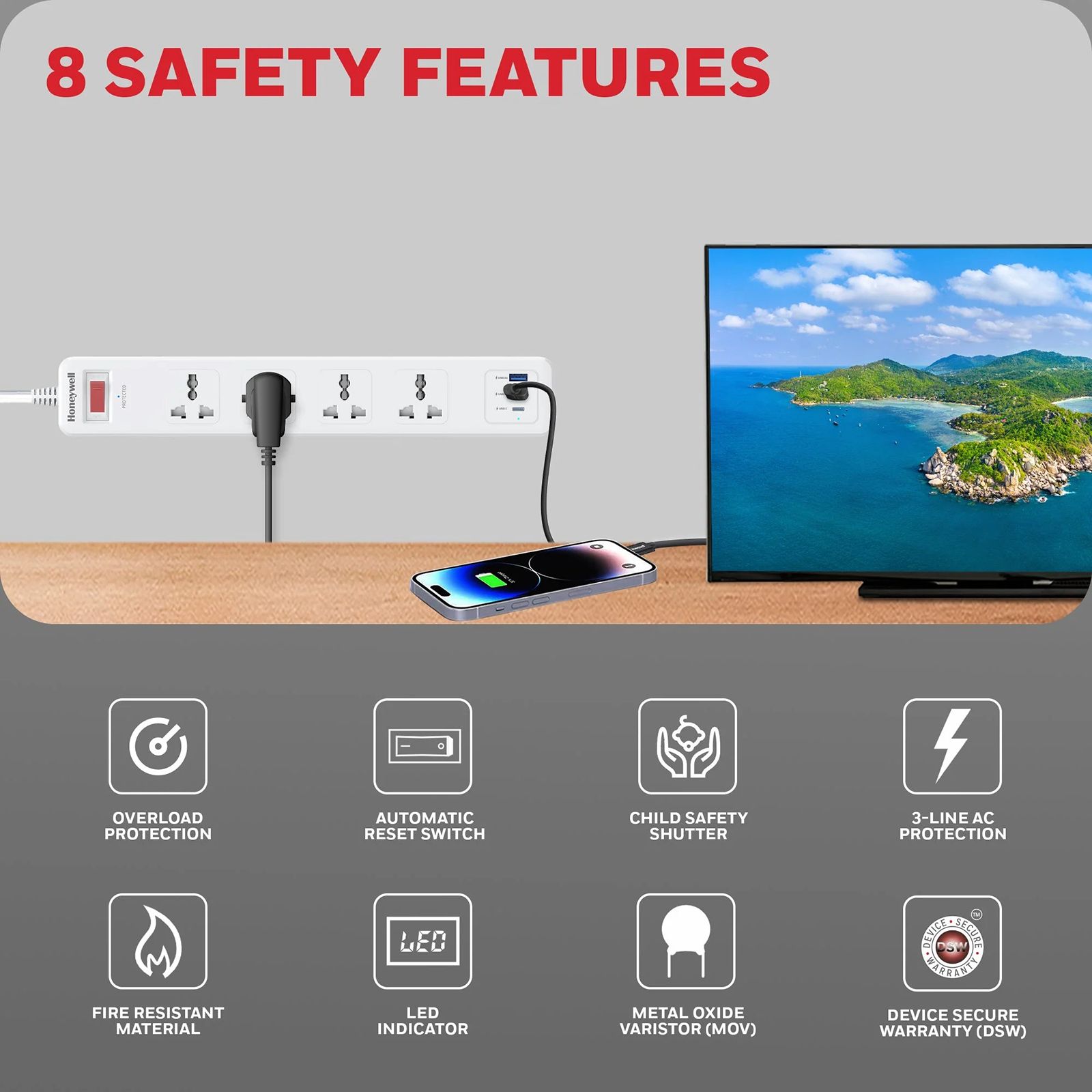 Honeywell 13500 Amps 4 Sockets Surge Protector (1.8 Meters, Automatic Overload Protection, HC000045, White)_5