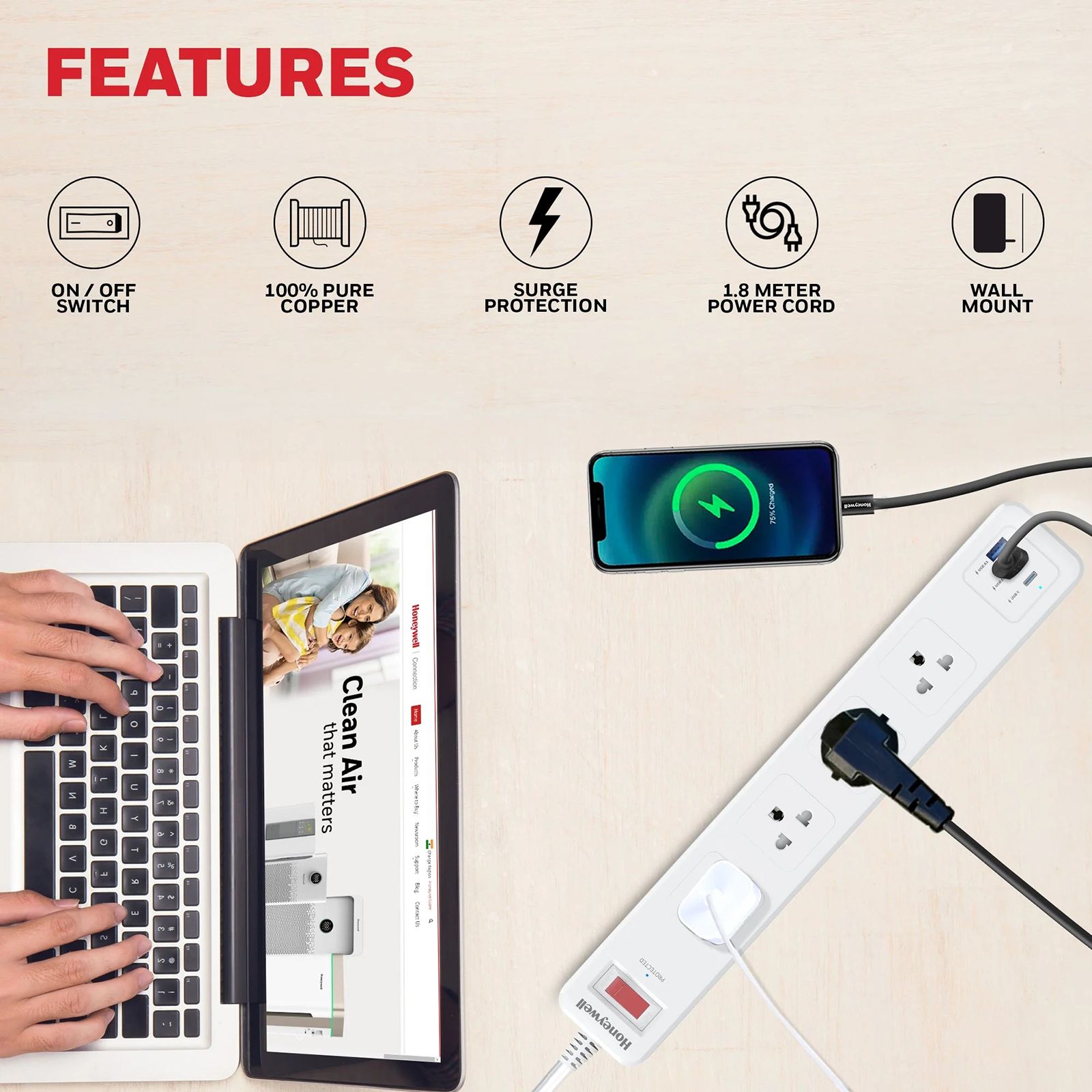 Honeywell 13500 Amps 4 Sockets Surge Protector (1.8 Meters, Automatic Overload Protection, HC000045, White)_3