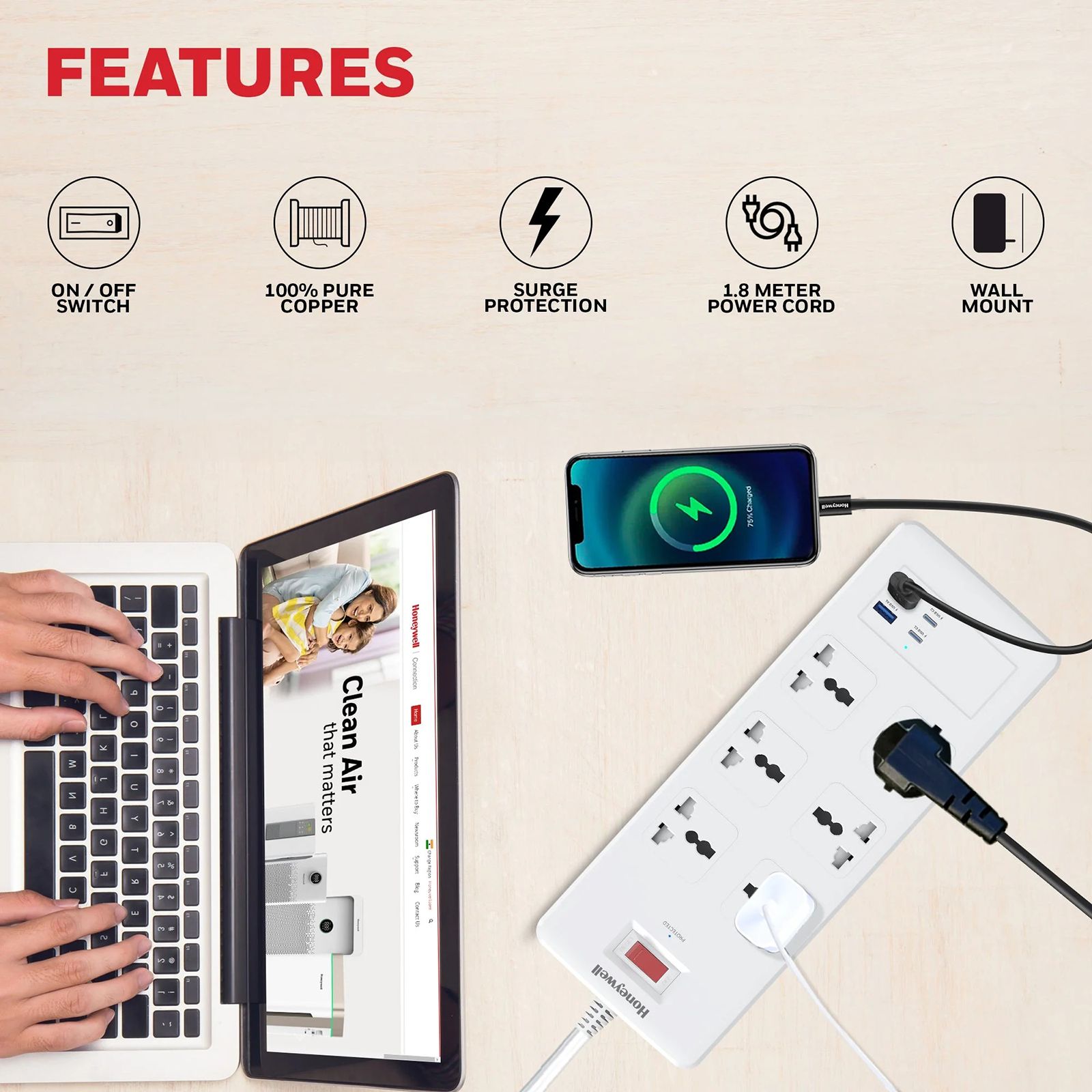 Honeywell 36000 Amps 6 Sockets Surge Protector (1.8 Meters, Automatic Overload Protection, HC000050, White) Honeywell 36000 Amps 6 Sockets Surge Protector (1.8 Meters, Automatic Overload Protection, HC000050, White)_6