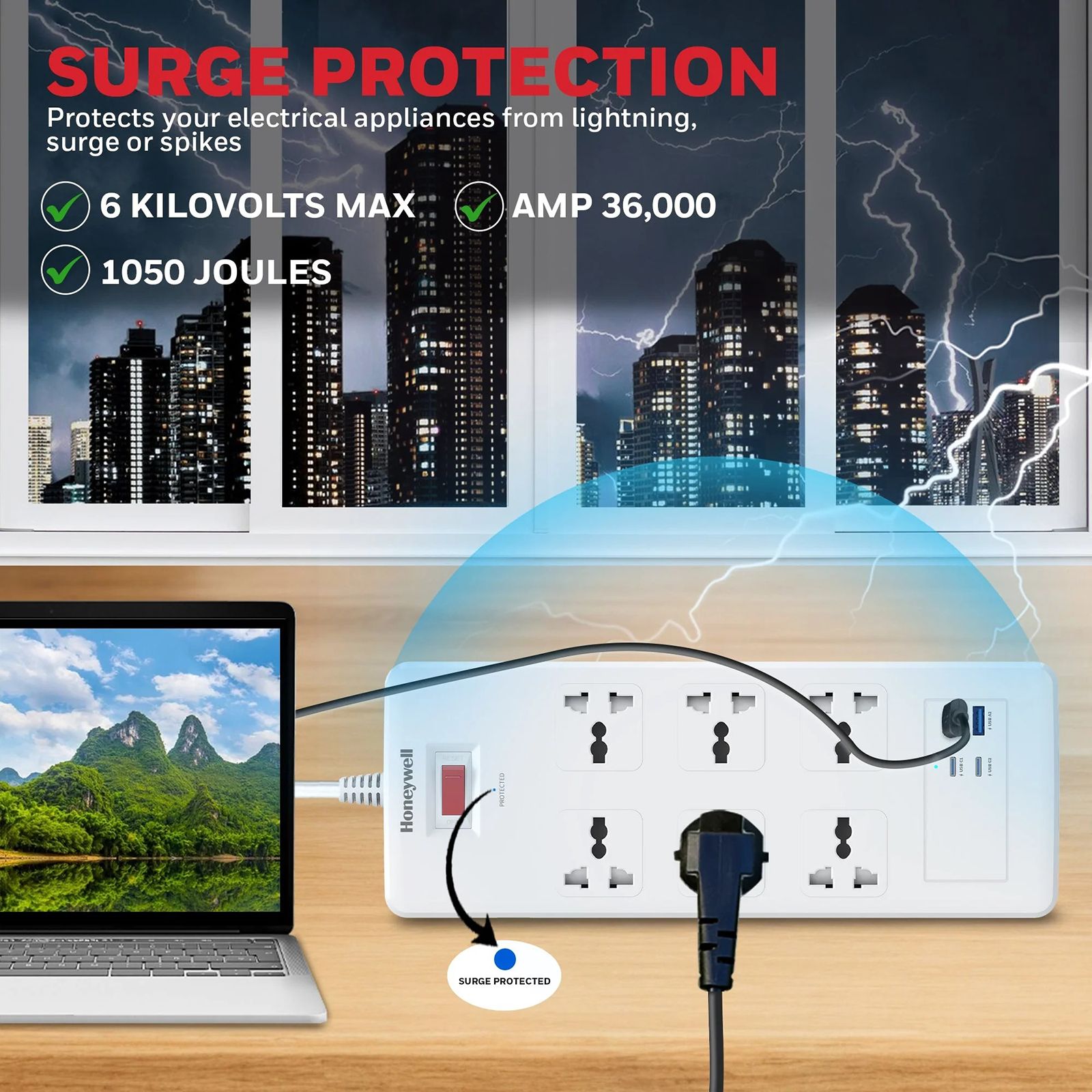 Honeywell 36000 Amps 6 Sockets Surge Protector (1.8 Meters, Automatic Overload Protection, HC000050, White) Honeywell 36000 Amps 6 Sockets Surge Protector (1.8 Meters, Automatic Overload Protection, HC000050, White)_3