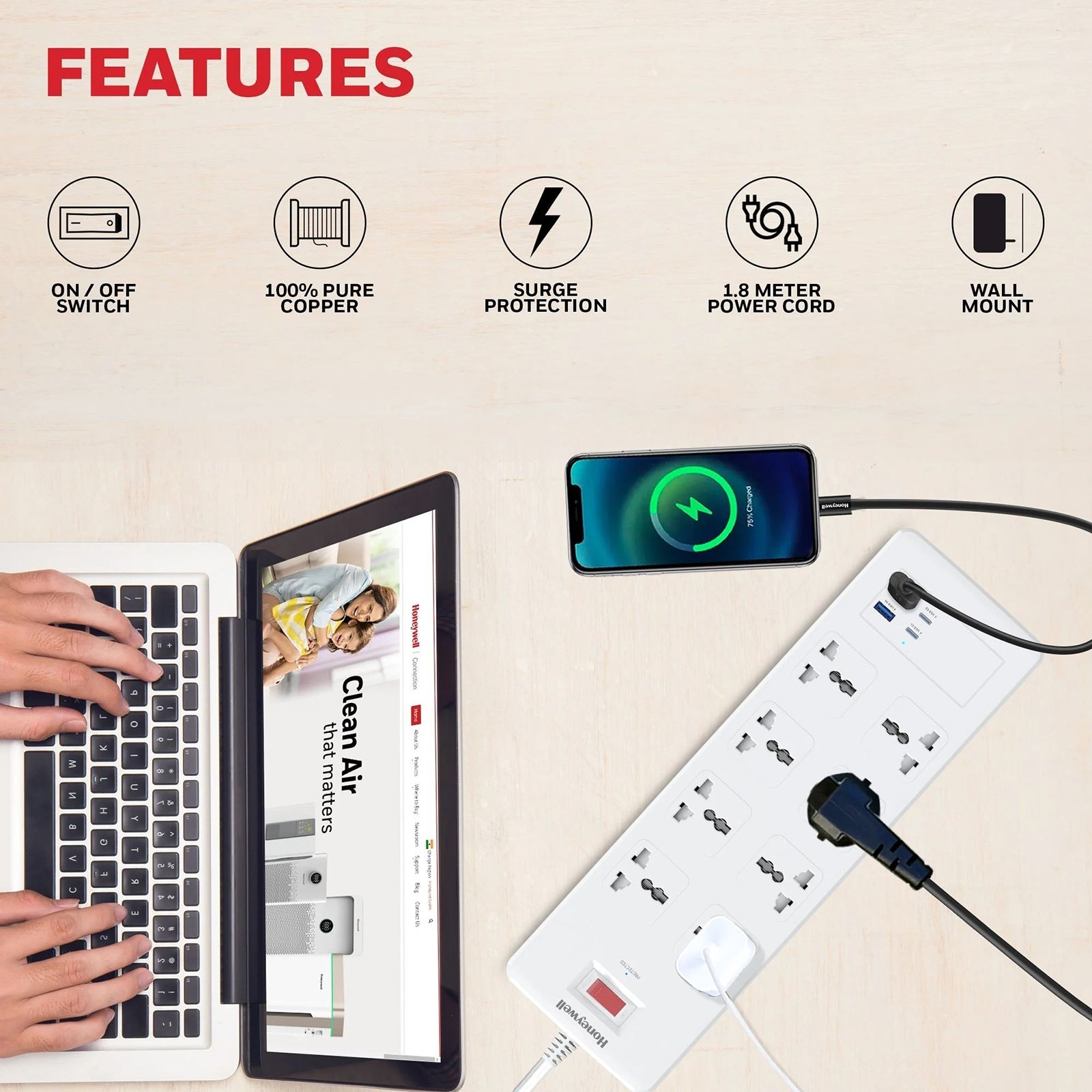 Honeywell 36000 Amps 8 Sockets Surge Protector (1.8 Meters, Automatic Overload Protection, HC000055, White) Honeywell 36000 Amps 8 Sockets Surge Protector (1.8 Meters, Automatic Overload Protection, HC000055, White)_6