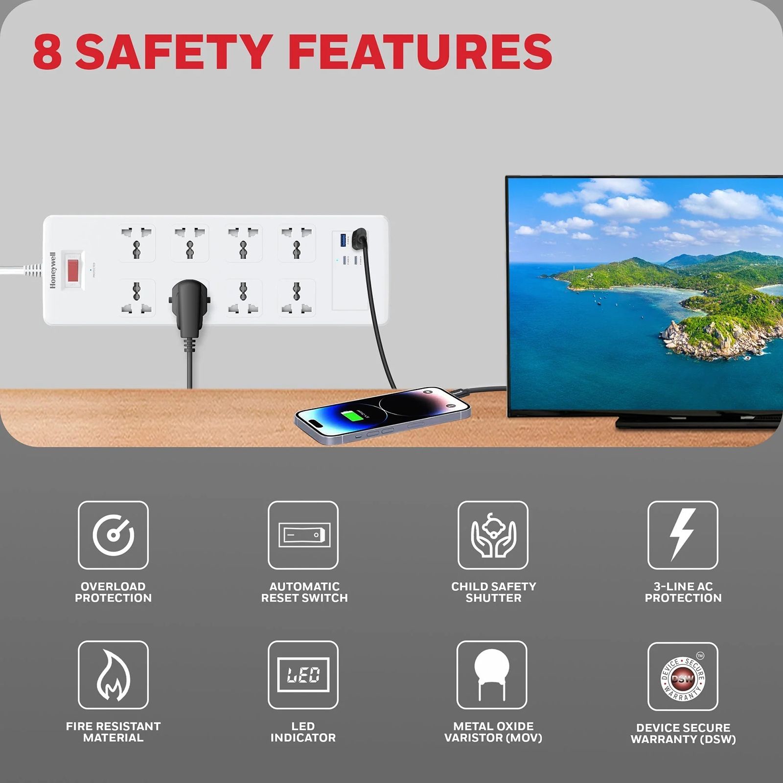 Honeywell 36000 Amps 8 Sockets Surge Protector (1.8 Meters, Automatic Overload Protection, HC000055, White) Honeywell 36000 Amps 8 Sockets Surge Protector (1.8 Meters, Automatic Overload Protection, HC000055, White)_7