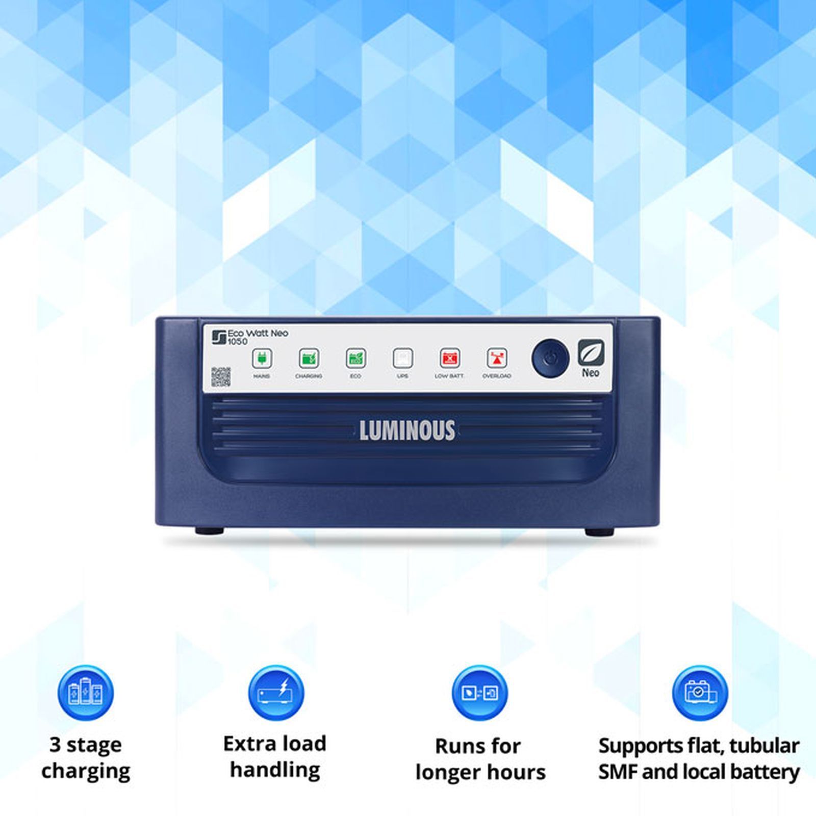 LUMINOUS Eco Watt Neo 1050 17 Amps Inverter (LED indications, F04110515151, Blue)_2