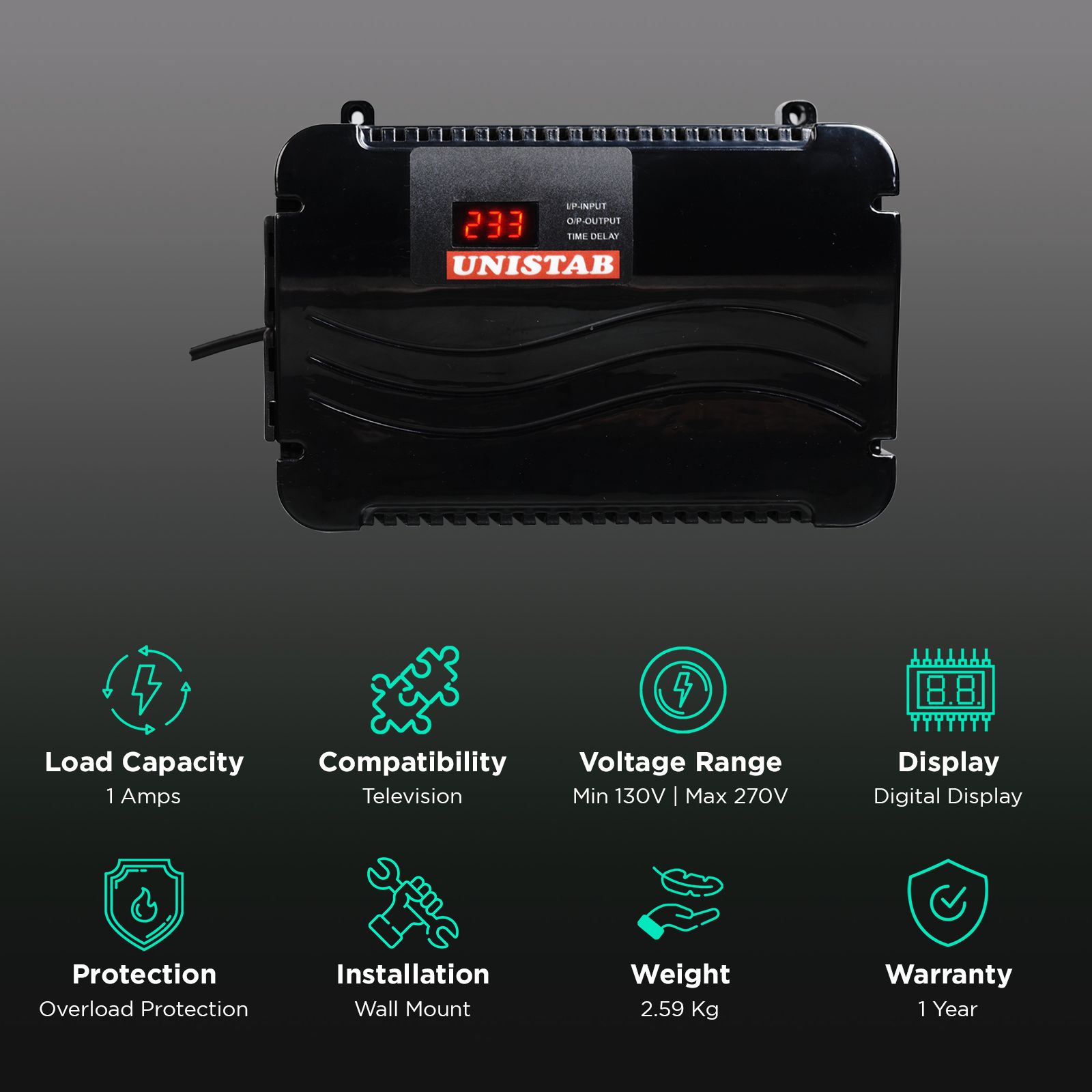 UNISTAB US100D Voltage Stabilizer For Up to 162.56cm (64") TV + DTH (130 - 270 V, Microprocessor Controller Chip, Black) UNISTAB US100D Voltage Stabilizer For Up to 162.56cm (64") TV + DTH (130 - 270 V, Microprocessor Controller Chip, Black)_3