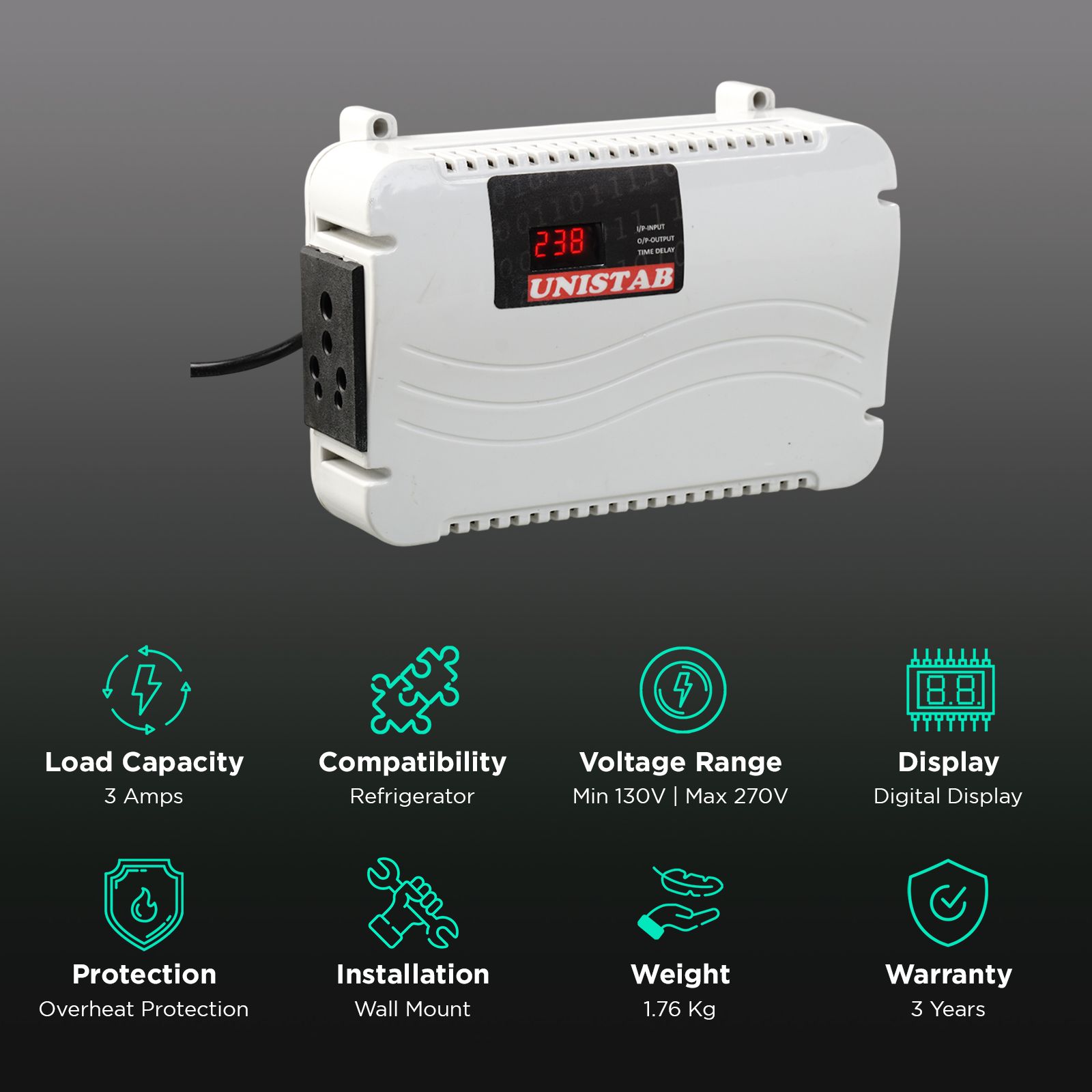 UNISTAB US100DF 3 Amps Voltage Stabilizer For Up to 600 L Refrigerator (130 - 270 V, Advance Overheat Protection, Grey) UNISTAB US100DF 3 Amps Voltage Stabilizer For Up to 600 L Refrigerator (130 - 270 V, Advance Overheat Protection, Grey)_3